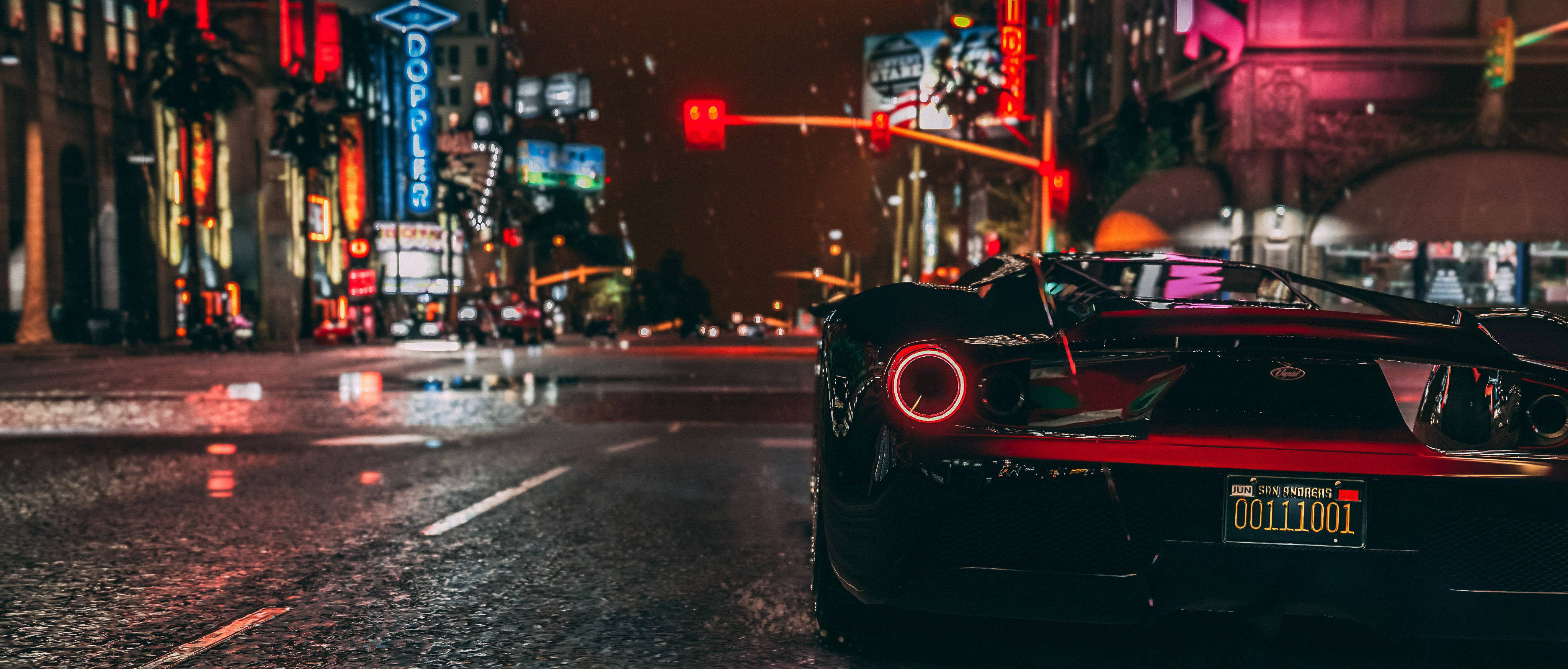 GTA V, sports car, neon-lit city street, 4K Desktop Wallpaper
