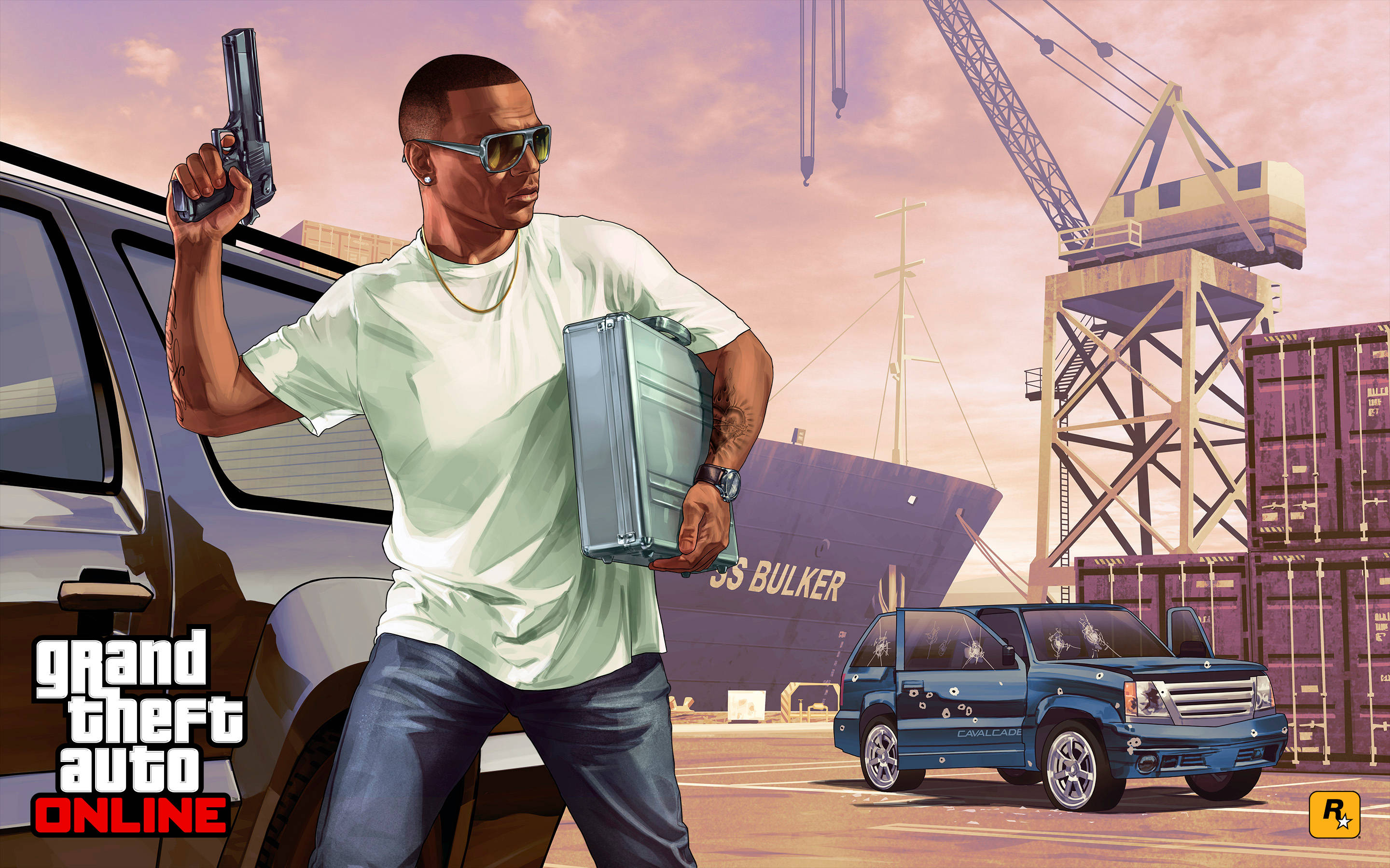 GTA 5, sunglasses, gun, 2K Desktop Wallpaper