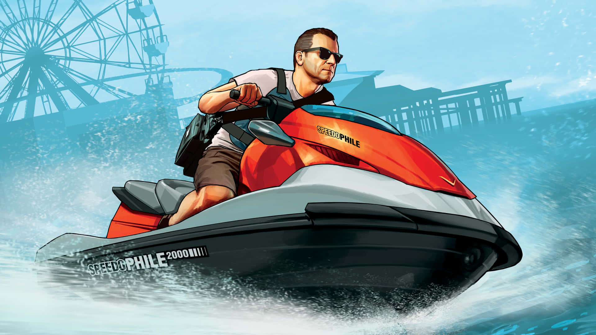 Gta 5, red jet ski, choppy blue water, Full HD Desktop Wallpaper