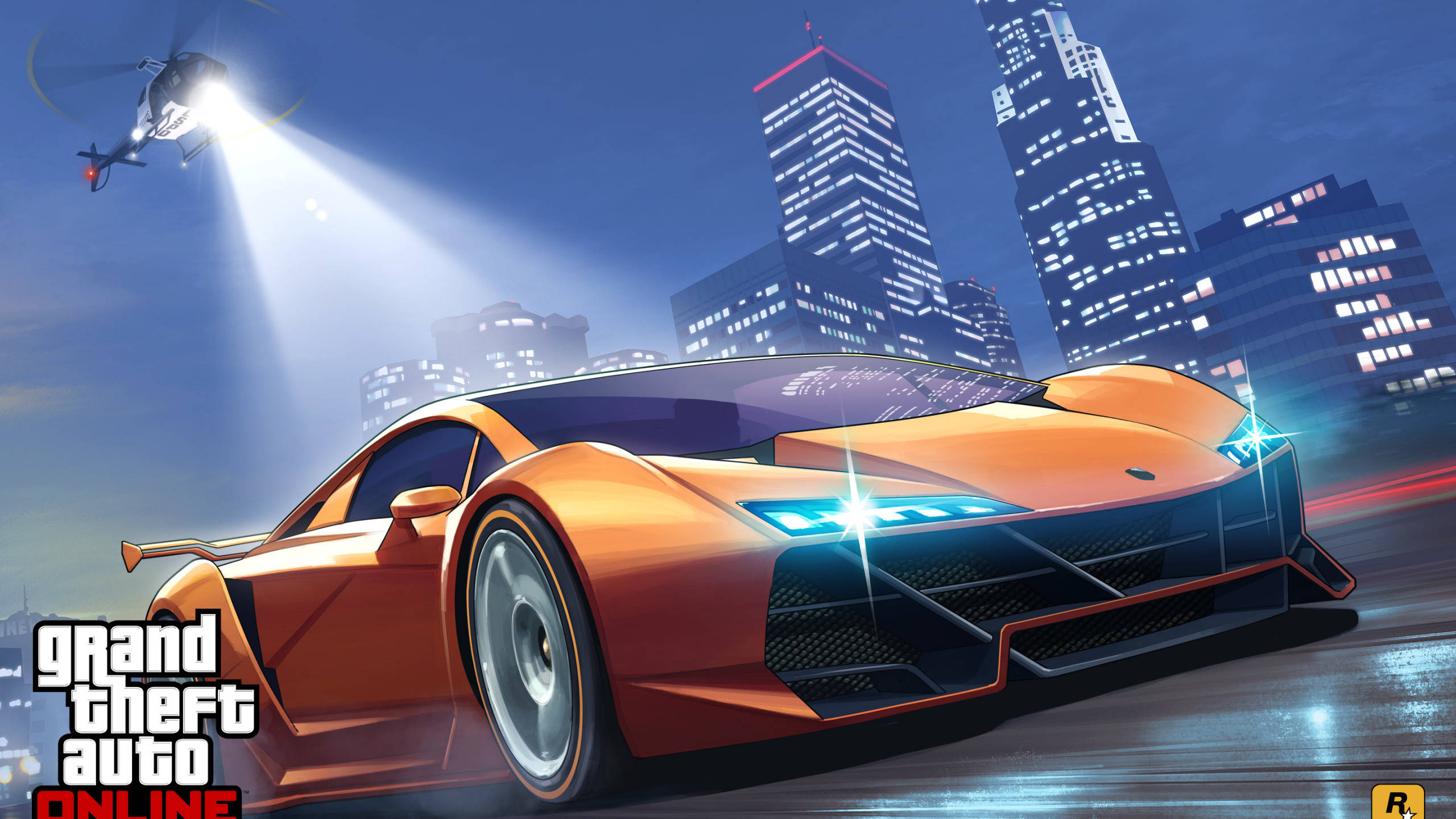 GTA 5, police searchlight, neon-lit cityscape, 2K Desktop Wallpaper
