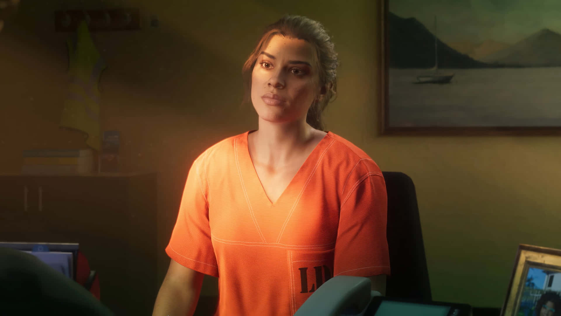 Gta 6, orange prison jumpsuit, dimly lit room, Full HD Desktop Wallpaper