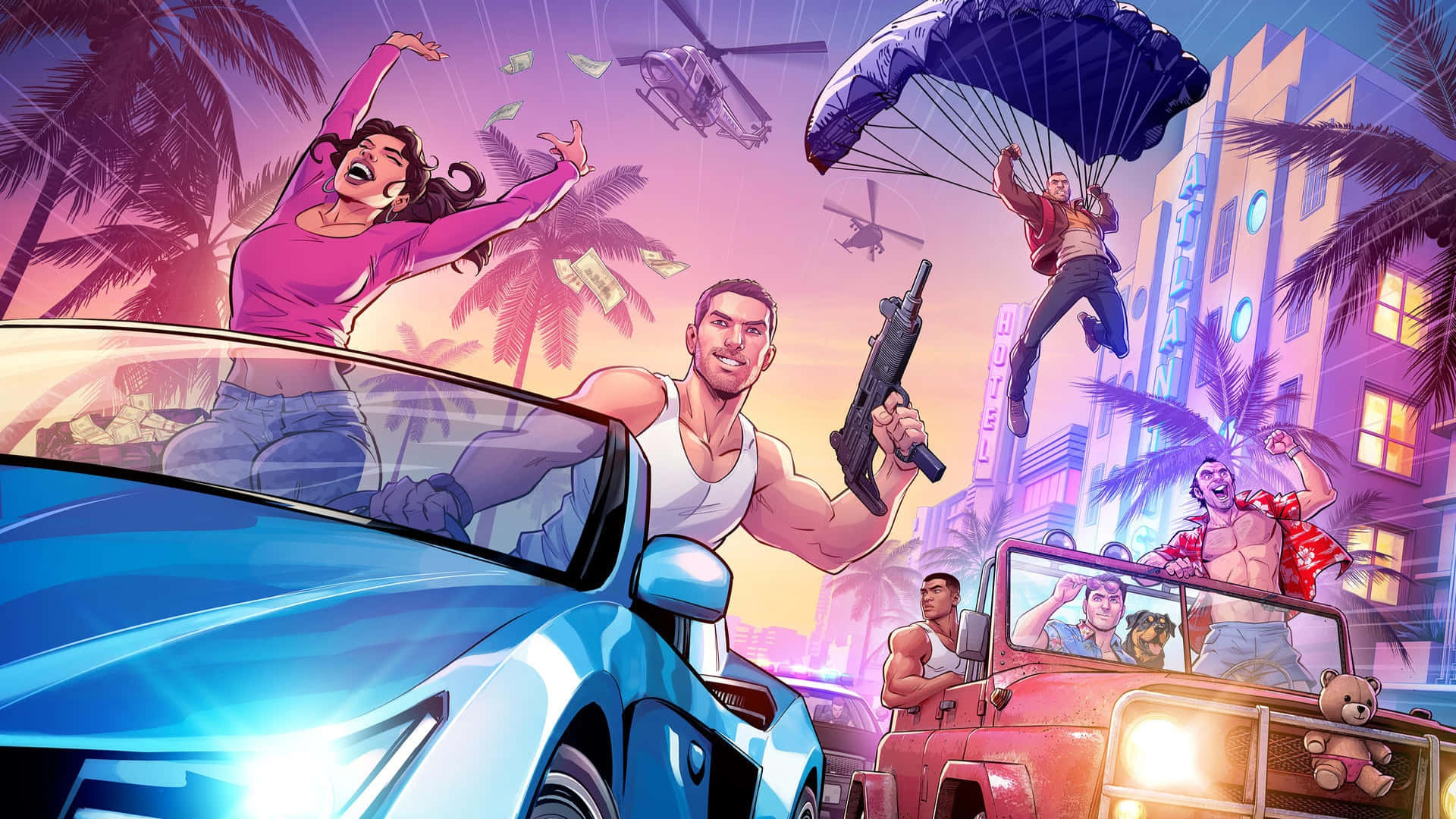Gta 6, cartoon-style cityscape, convertible cars, Full HD Desktop Wallpaper