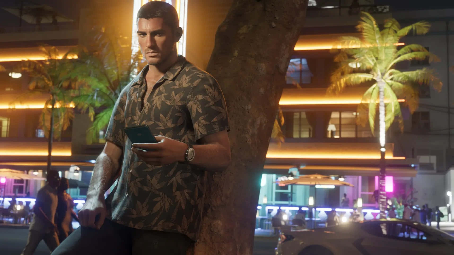Gta 6, neon lit tropical city street, night, Full HD Desktop Wallpaper