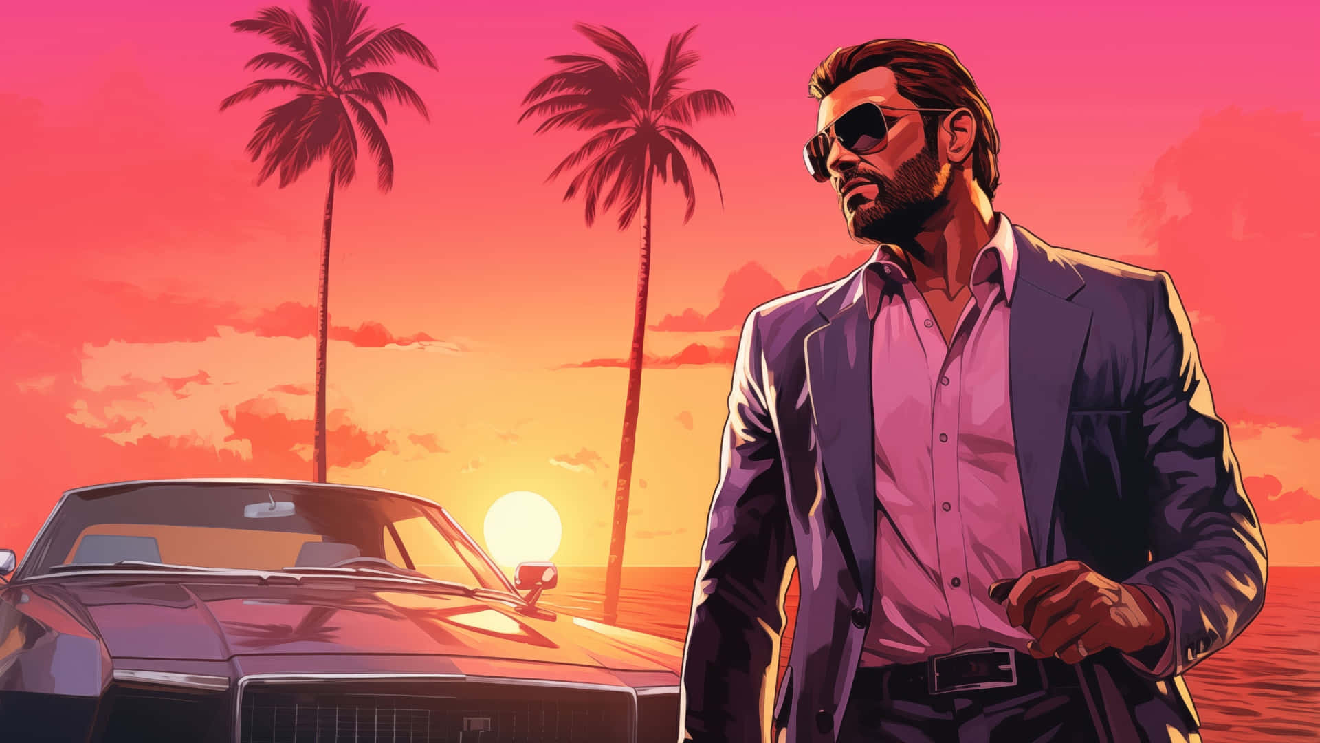 Gta 6, sunset, classic car, Full HD Desktop Wallpaper