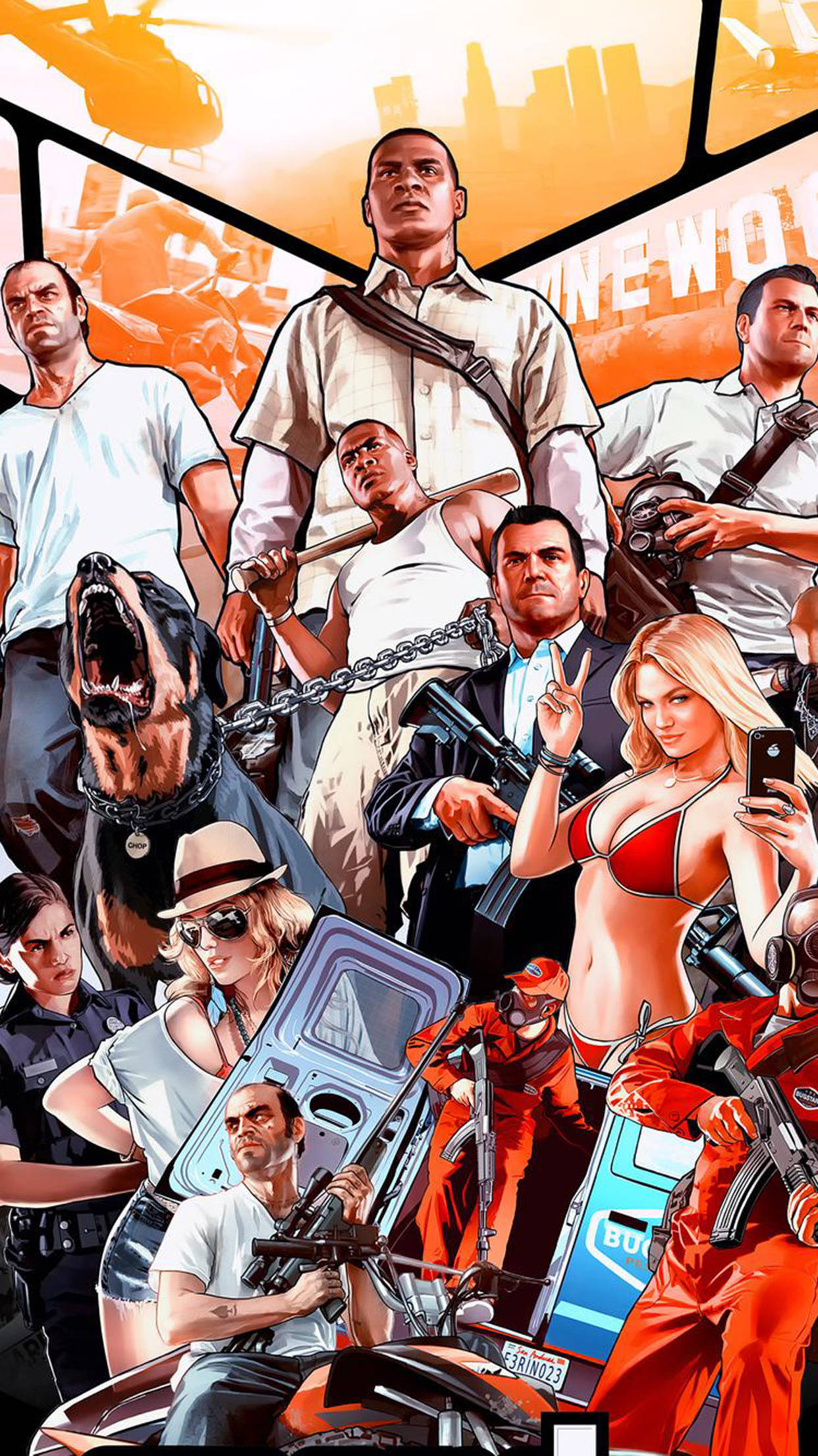 GTA iPhone, comic-style collage, GTA characters, Full HD Phone Wallpaper