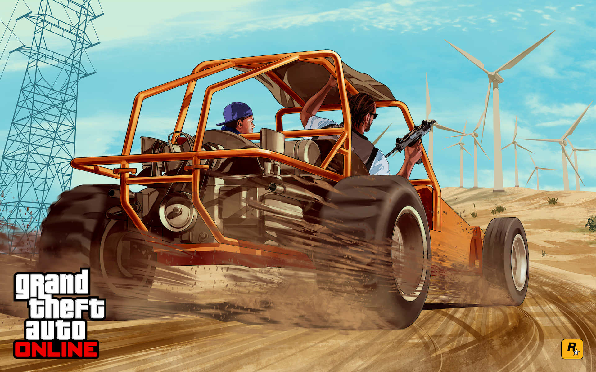 GTA Online, orange dune buggy, dusty desert track, Full HD Desktop Wallpaper