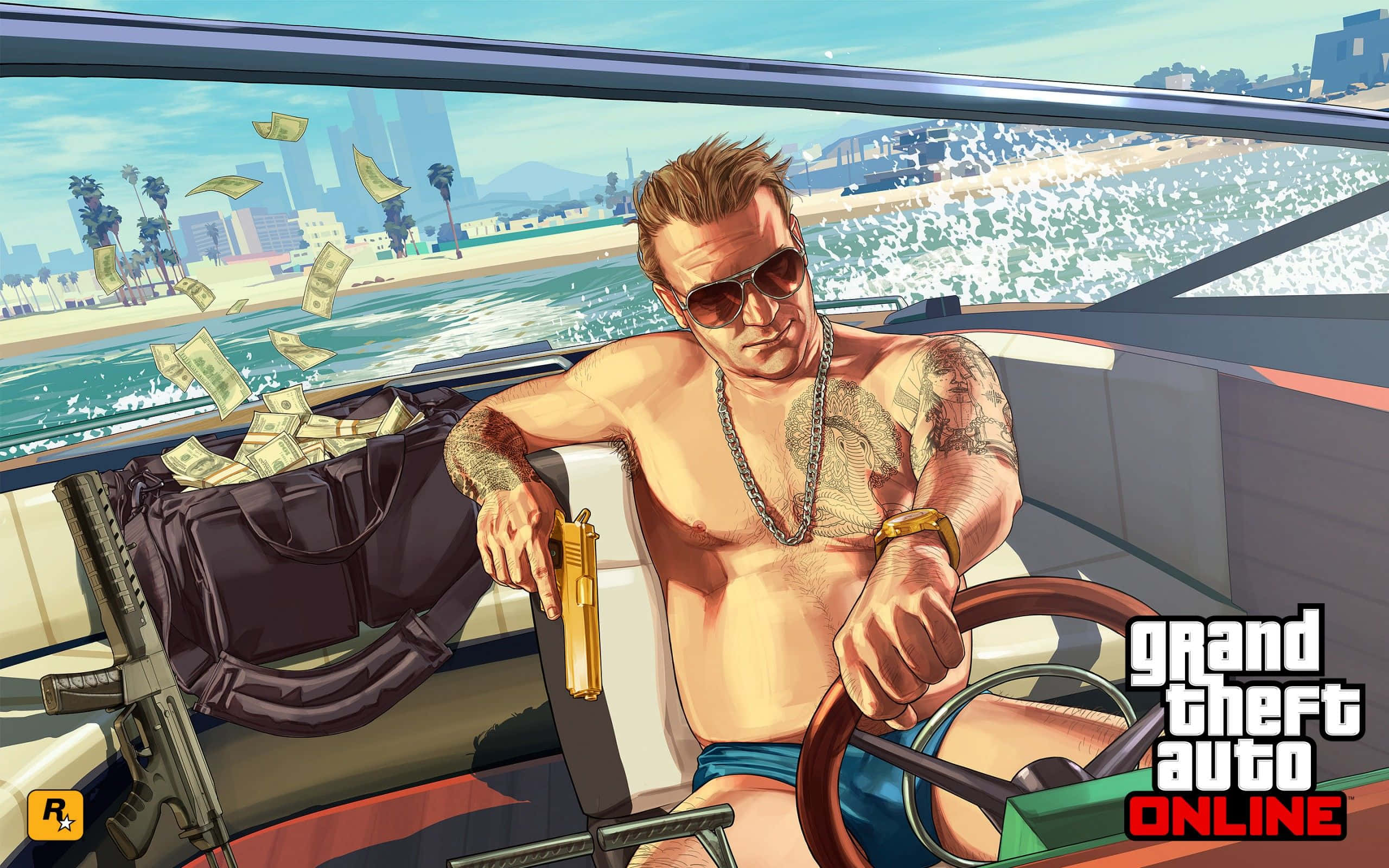 GTA Online, speedboat, ocean waves, 2K Desktop Wallpaper