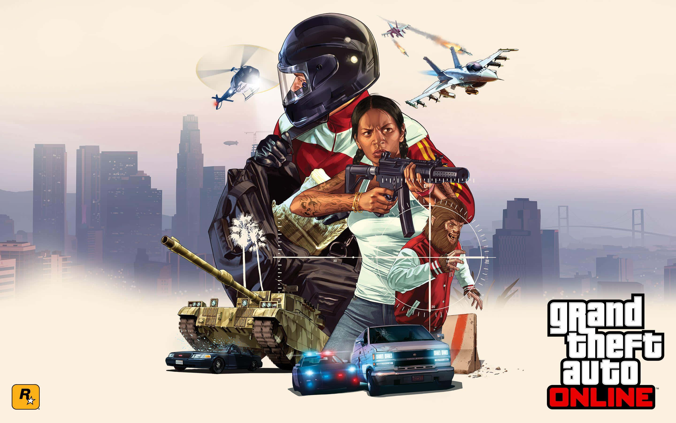 GTA Online, tanks, police cars, 2K Desktop Wallpaper