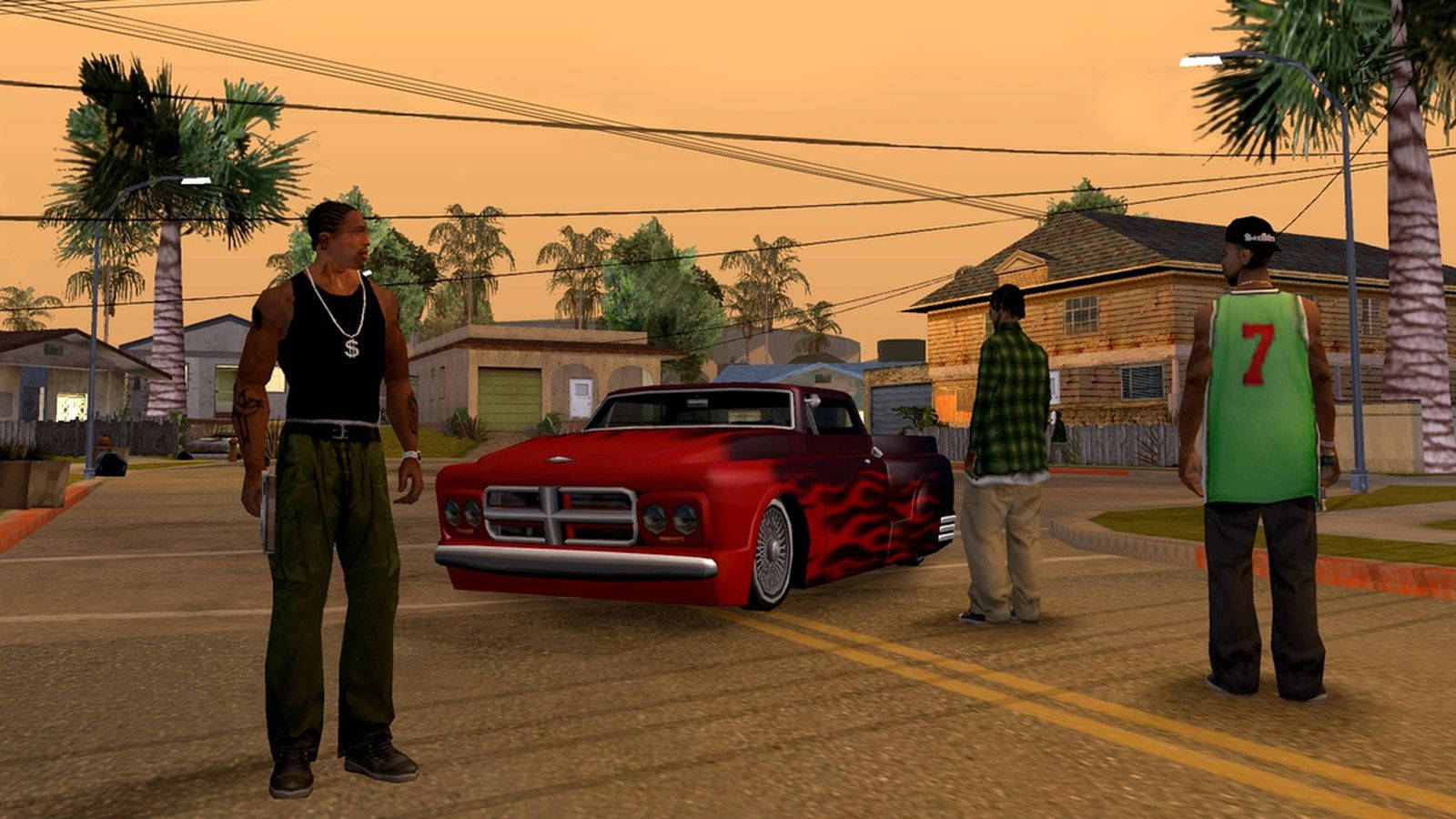 GTA SA 4K, red flame-painted classic car, palm tree-lined street, HD Desktop Wallpaper