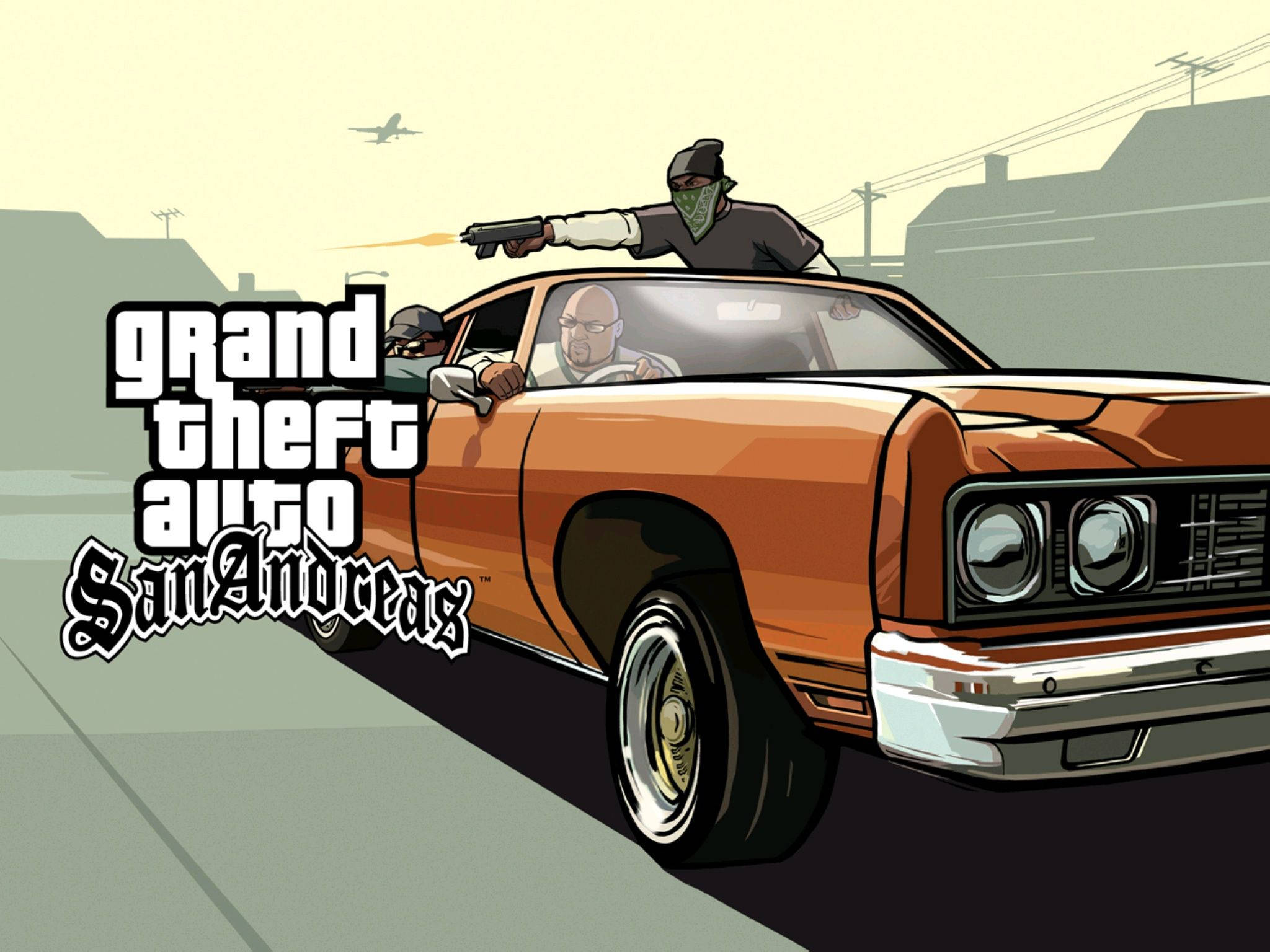 GTA SA 4K, orange muscle car, masked gunmen, Full HD Desktop Wallpaper