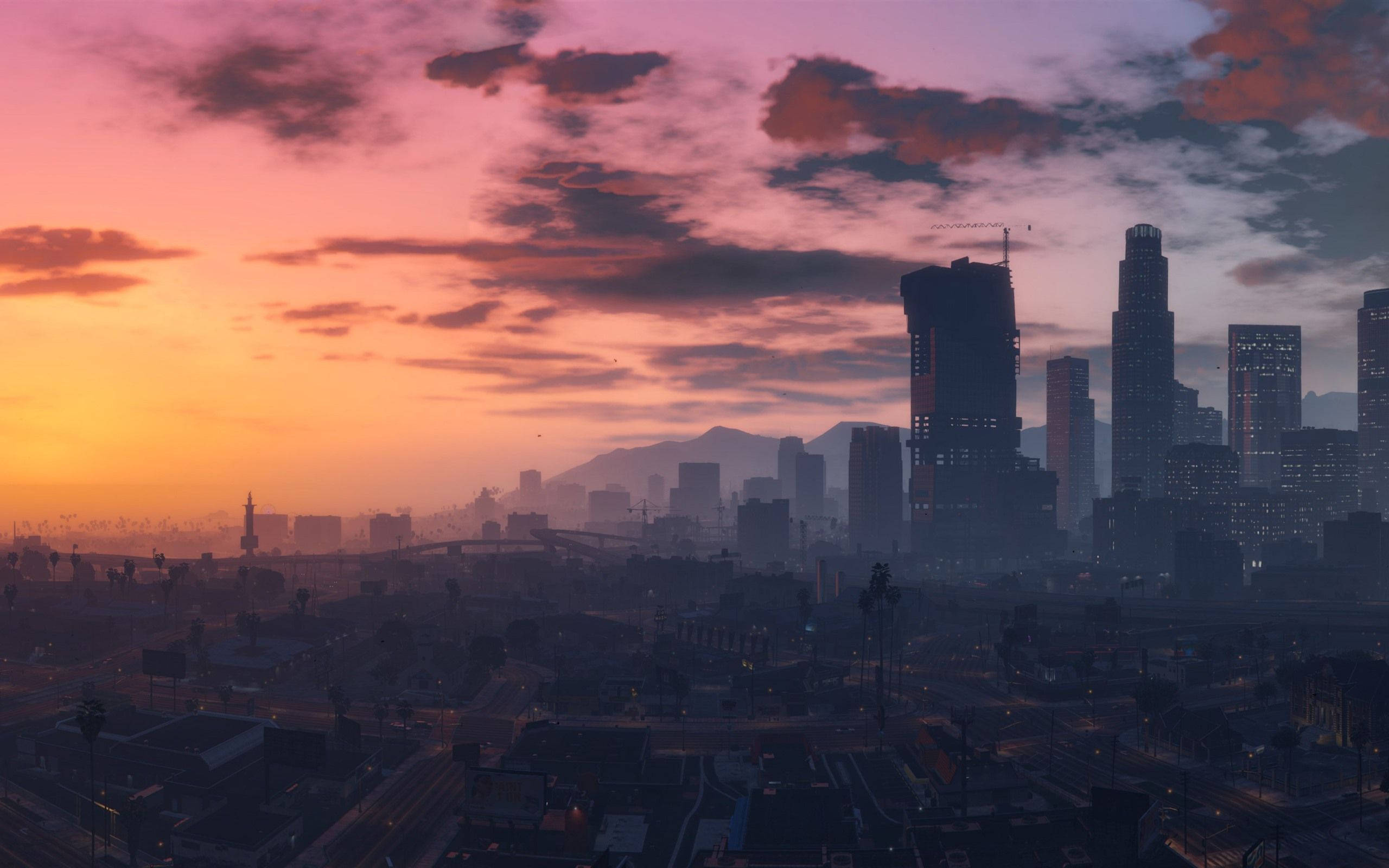 GTA SA 4K, city skyline, sunset, 2K Desktop Wallpaper