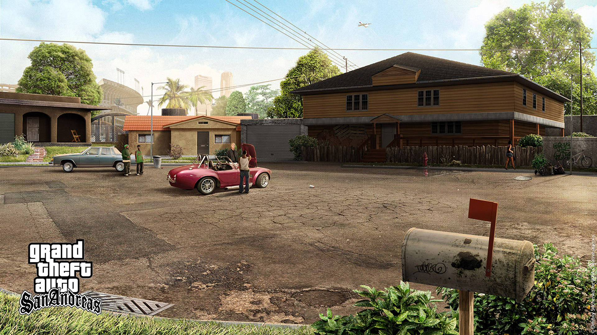 GTA SA 4K, red convertible sports car, cracked suburban street, Full HD Desktop Wallpaper