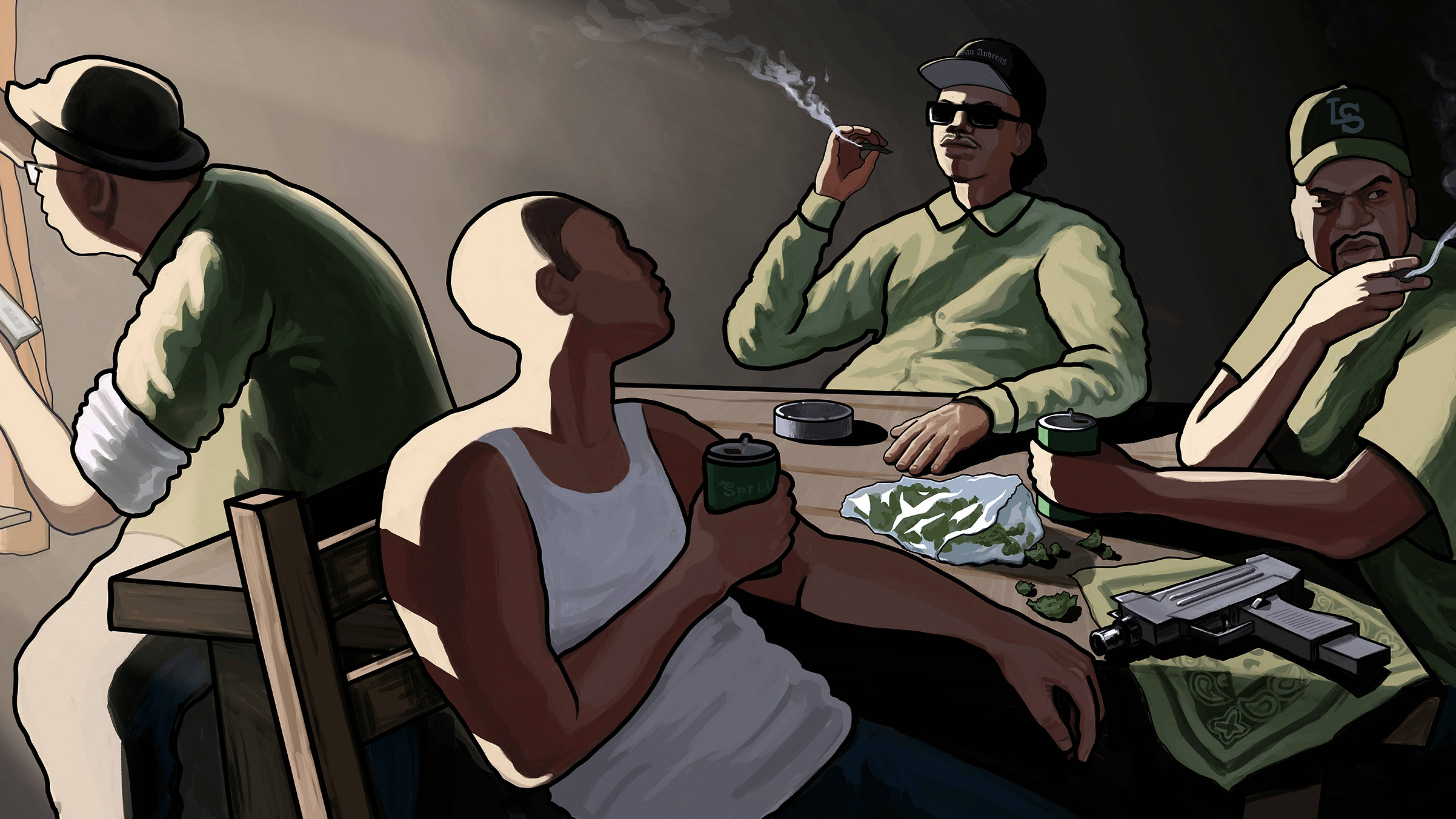 GTA SA 4K, gang meeting, dim room, 4K Desktop Wallpaper
