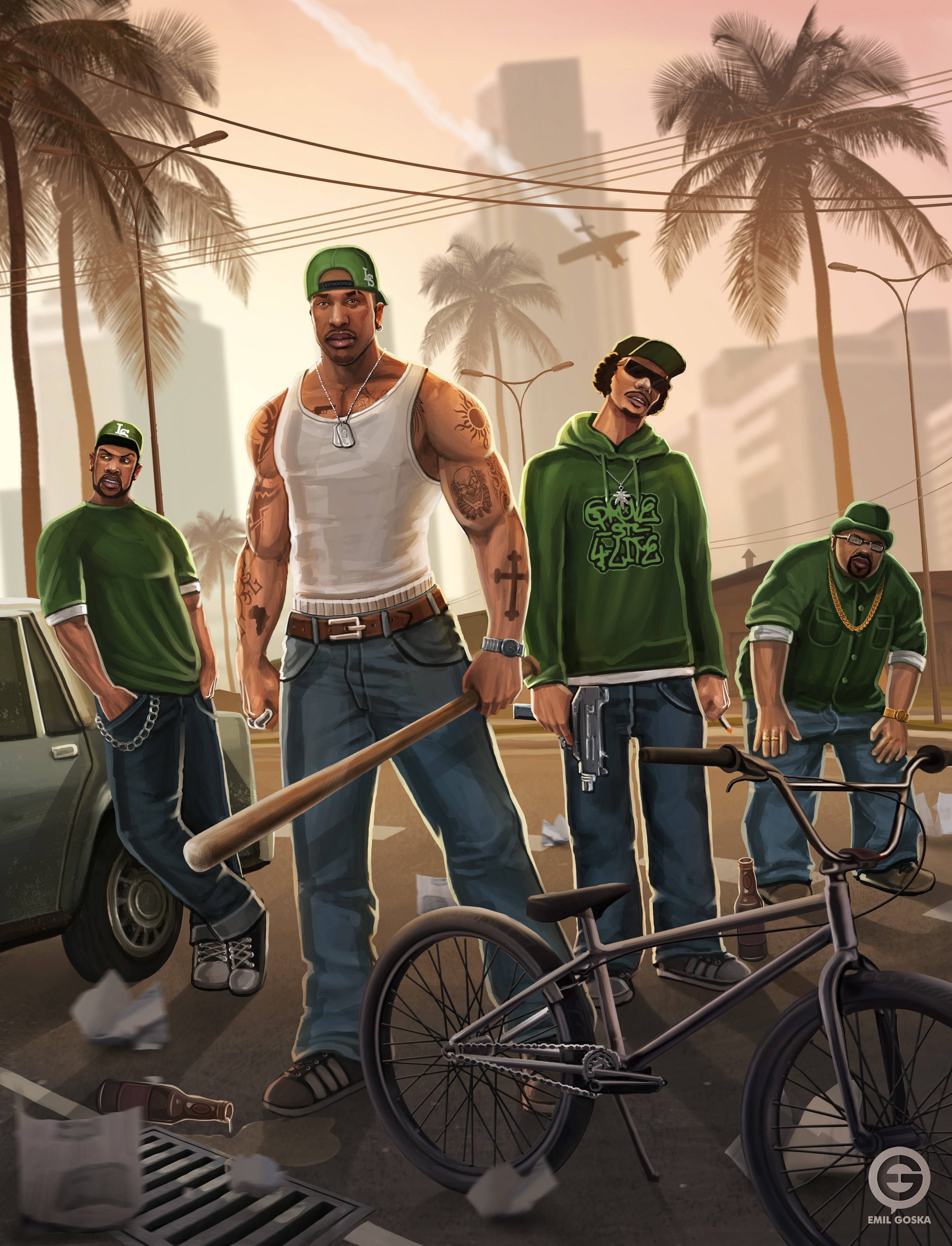 GTA SA 4K, street gang, palm tree-lined street, 2K Phone Wallpaper