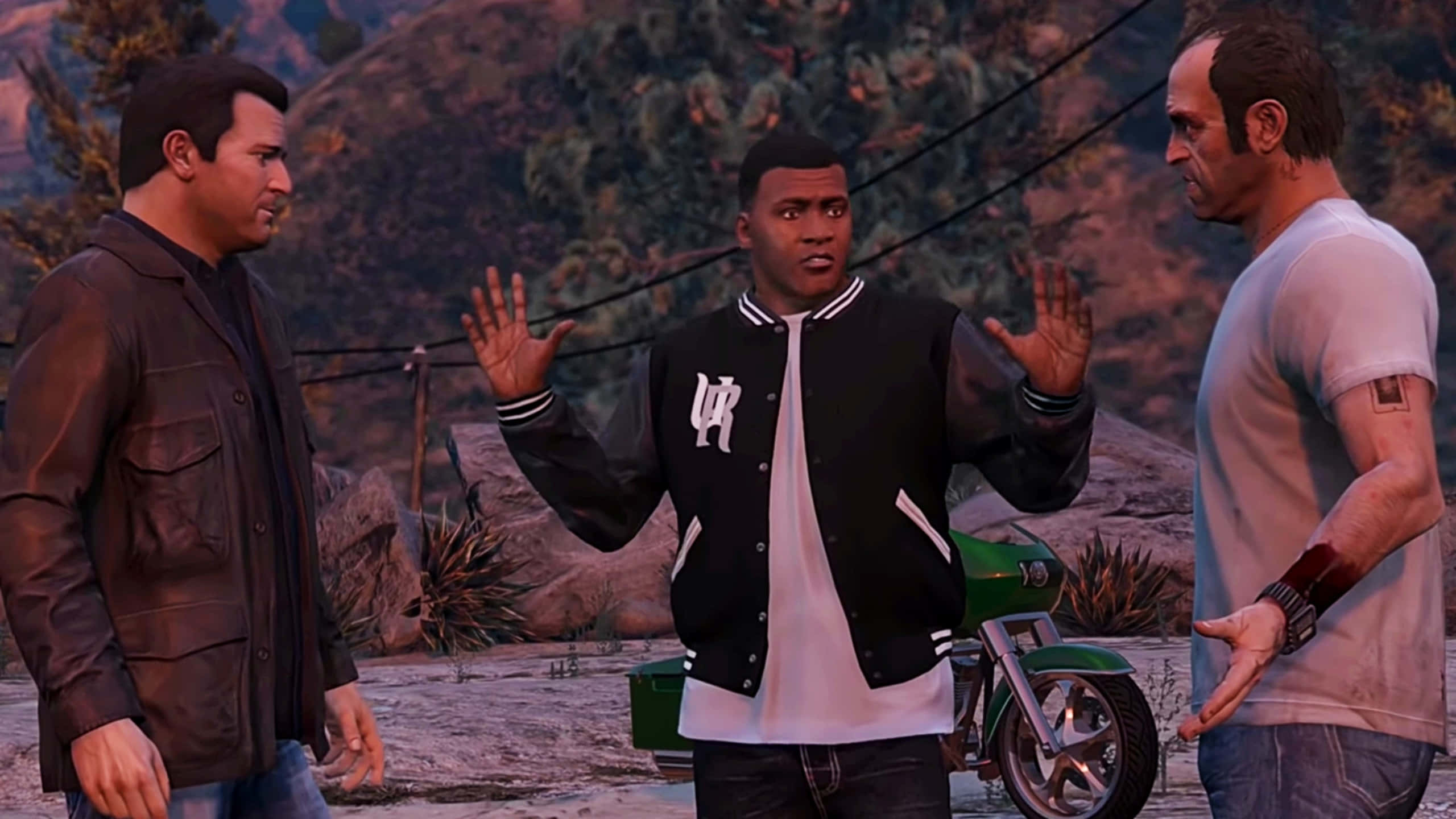 GTA 5, green motorcycle, desert setting, 2K Desktop Wallpaper