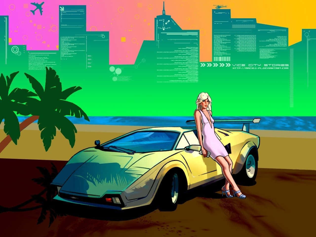 GTA Vice City, pink dress, yellow sports car, HD Desktop Wallpaper