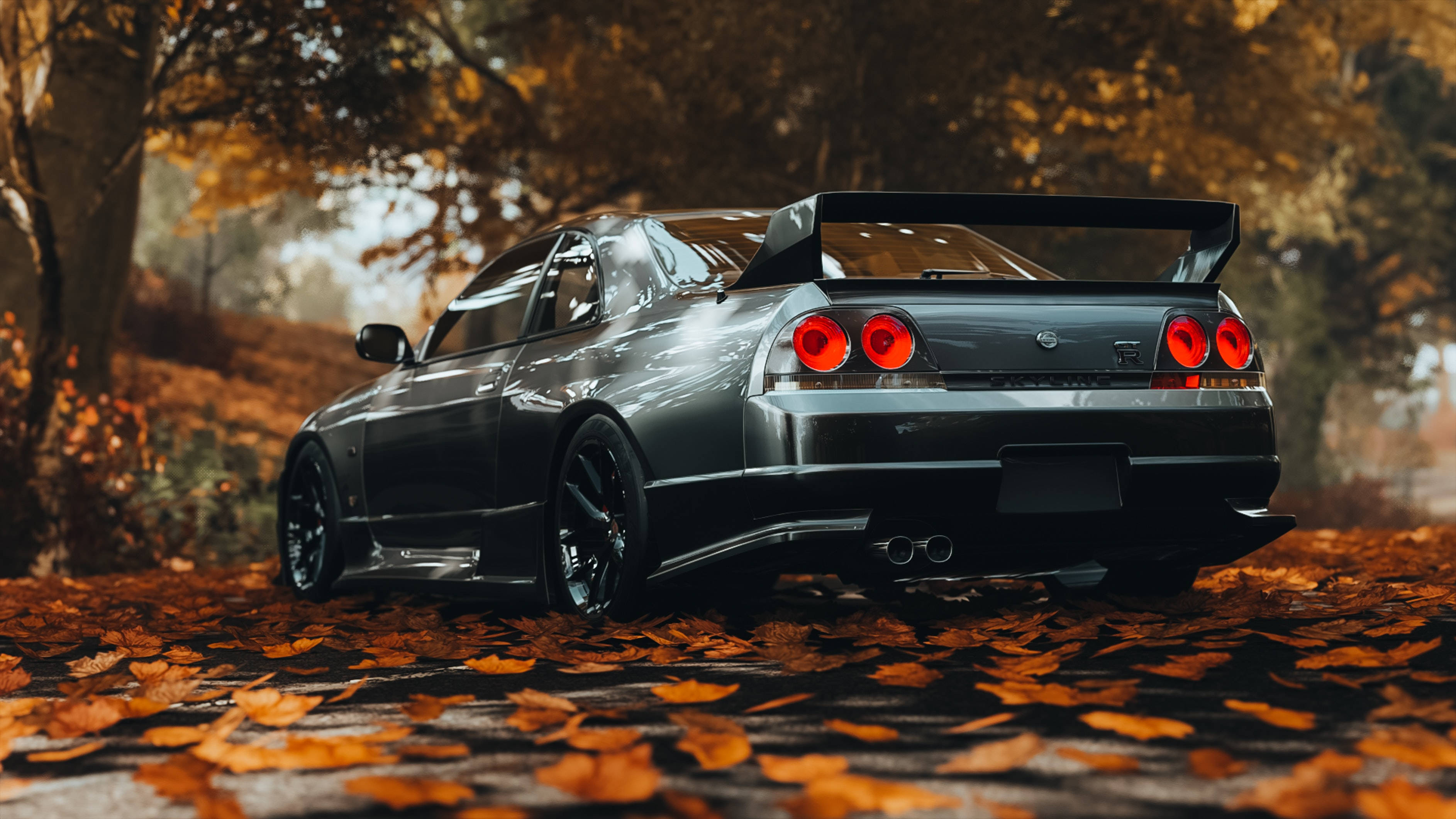 GTR Car, black, glowing red taillights, 2K Desktop Wallpaper