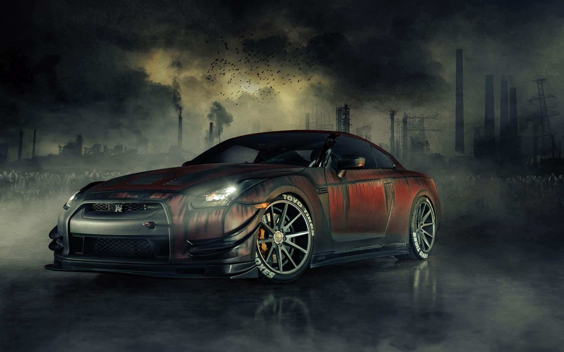 GTR, red and black, glowing headlights, Full HD Desktop Wallpaper