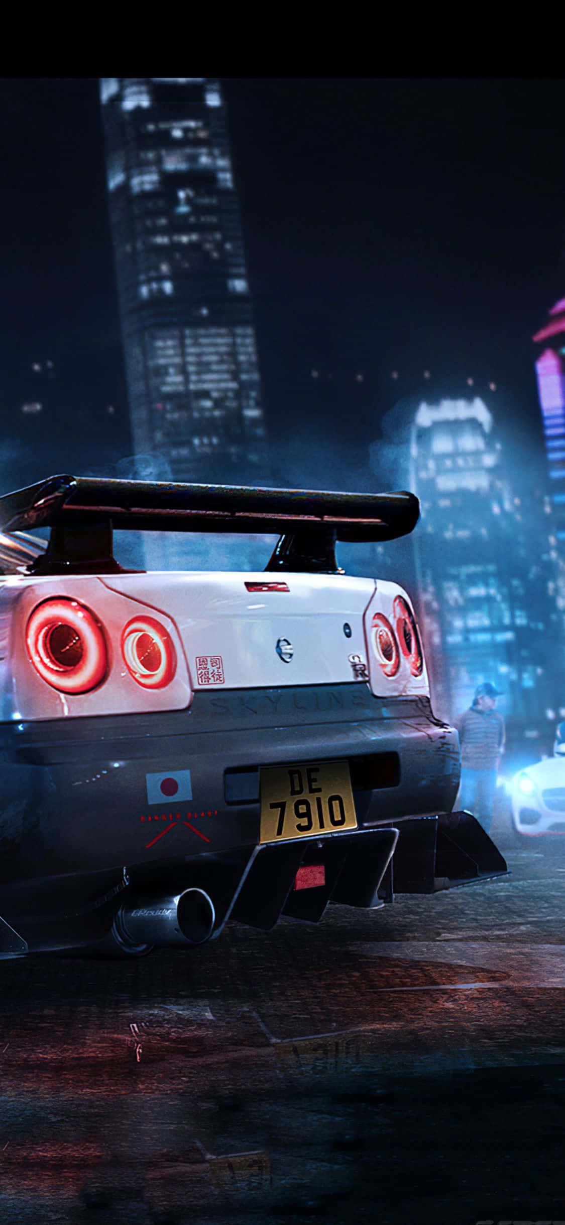 GTR iPhone, white sports car, glowing red taillights, Full HD Phone Wallpaper