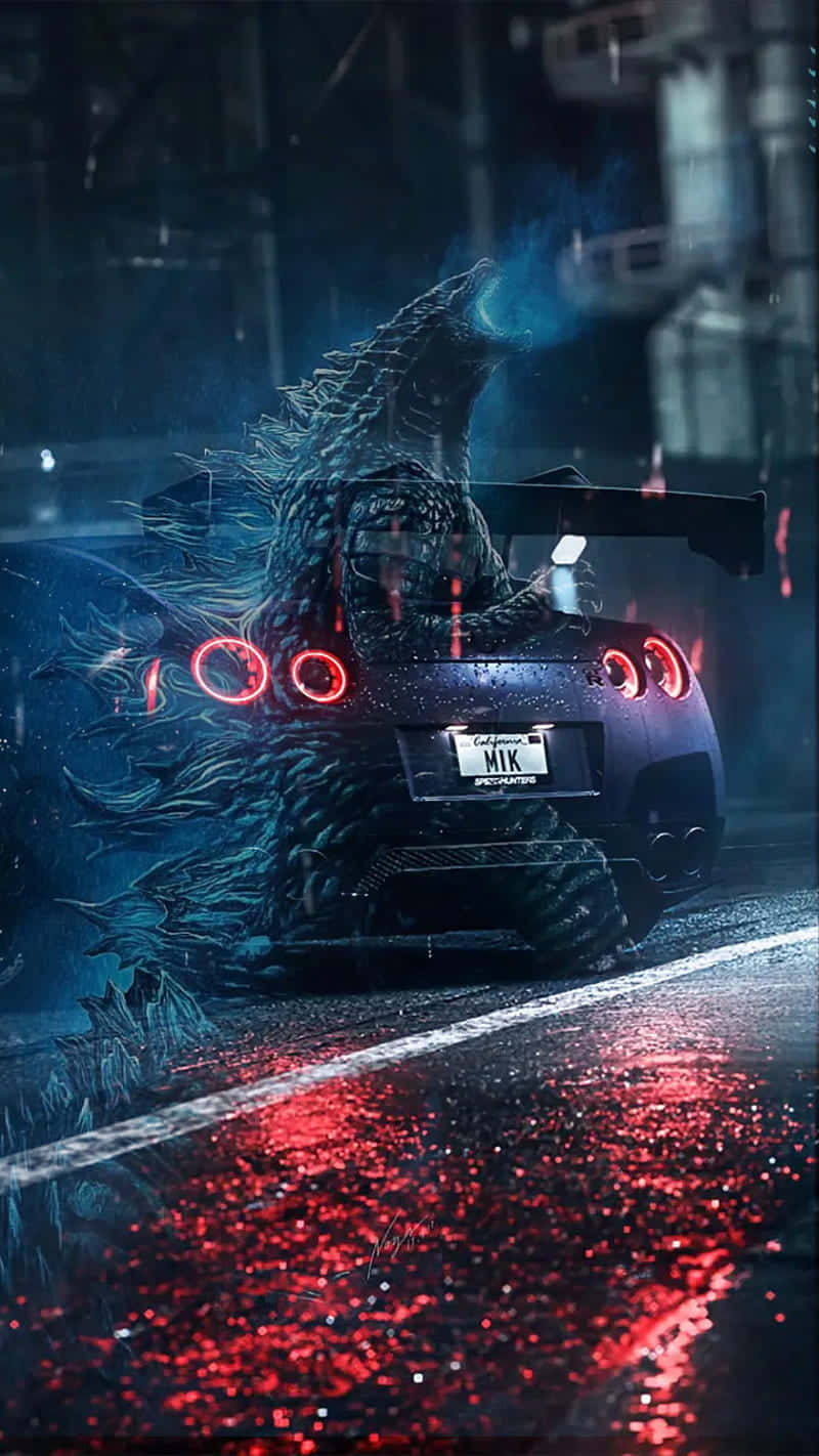 Gtr iPhone, Godzilla-like creature, sleek black sports car, HD Phone Wallpaper