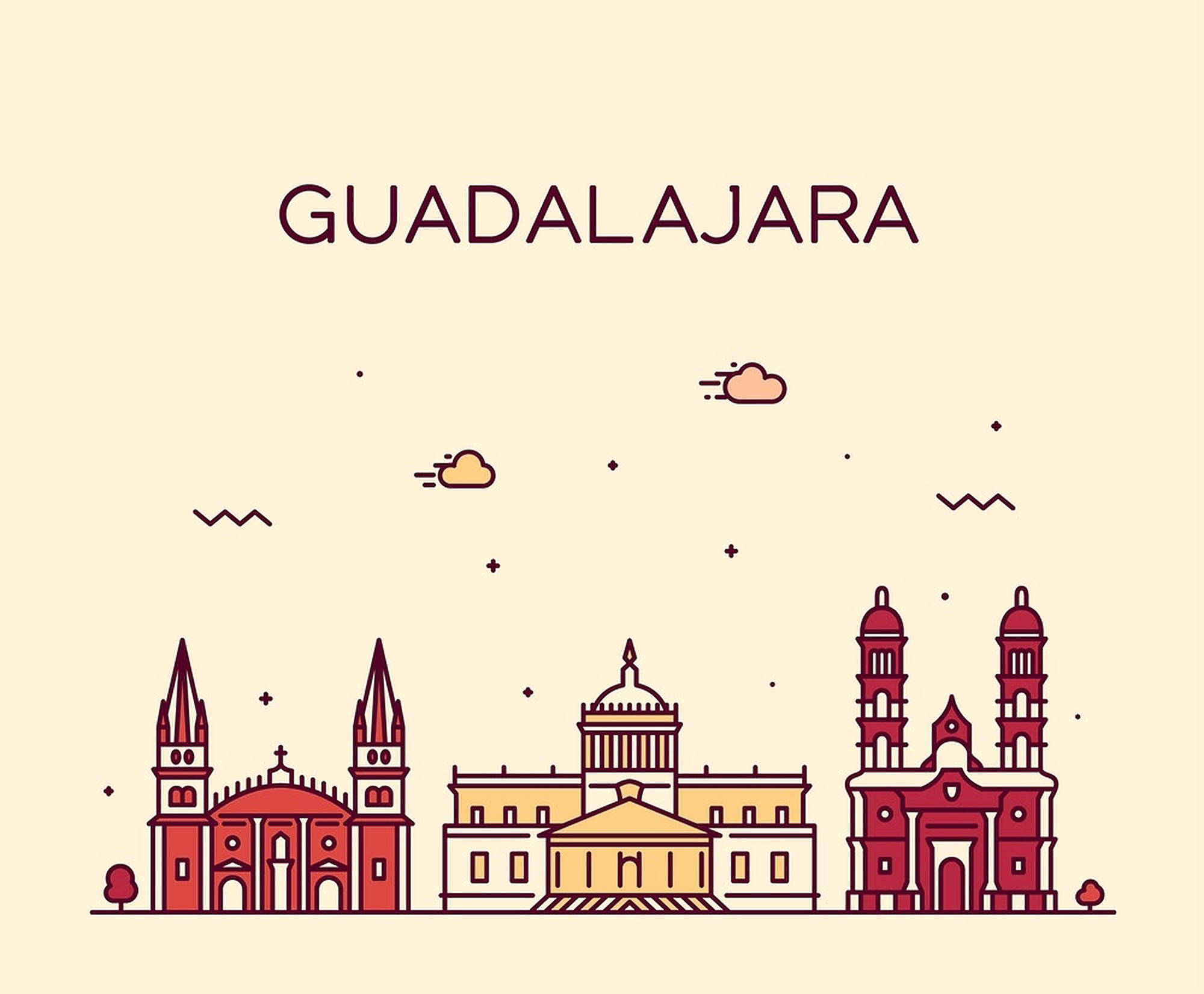 Guadalajara, minimalist line art, red and beige buildings, Full HD Desktop Wallpaper