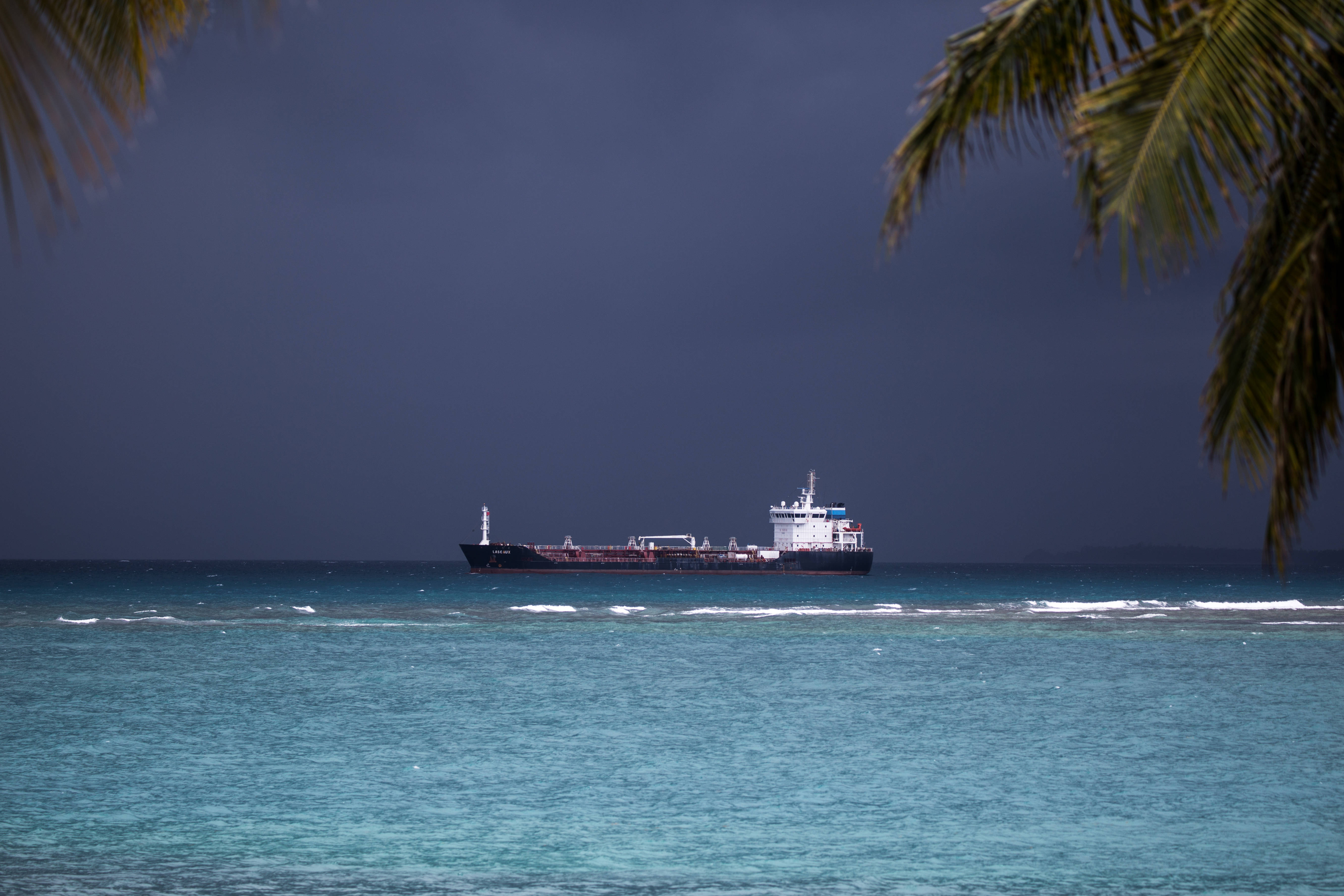 Guadeloupe, fish tanker, stormy sky, 5K Desktop Wallpaper