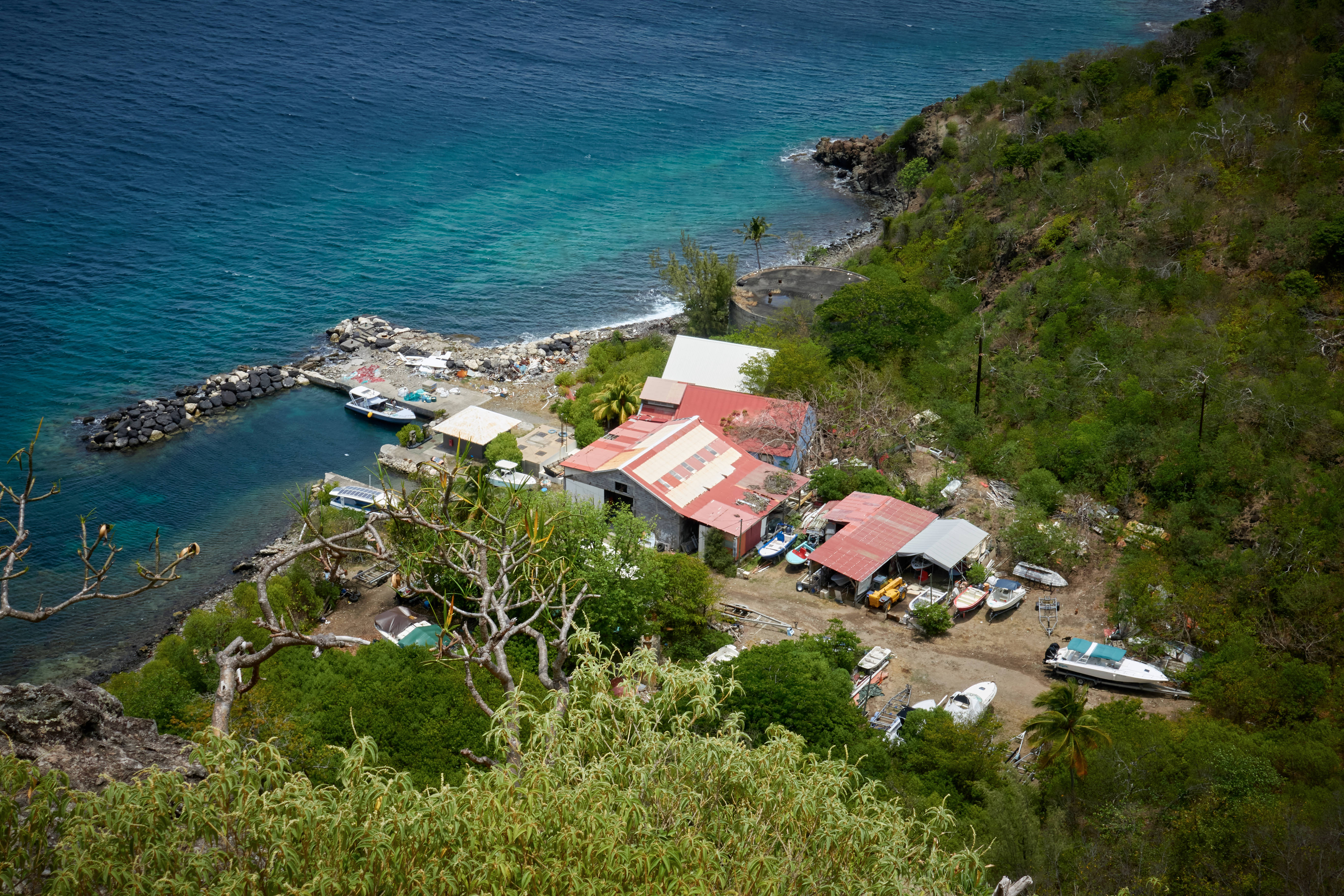Guadeloupe, coastal village, red-roofed houses, 5K Desktop Wallpaper