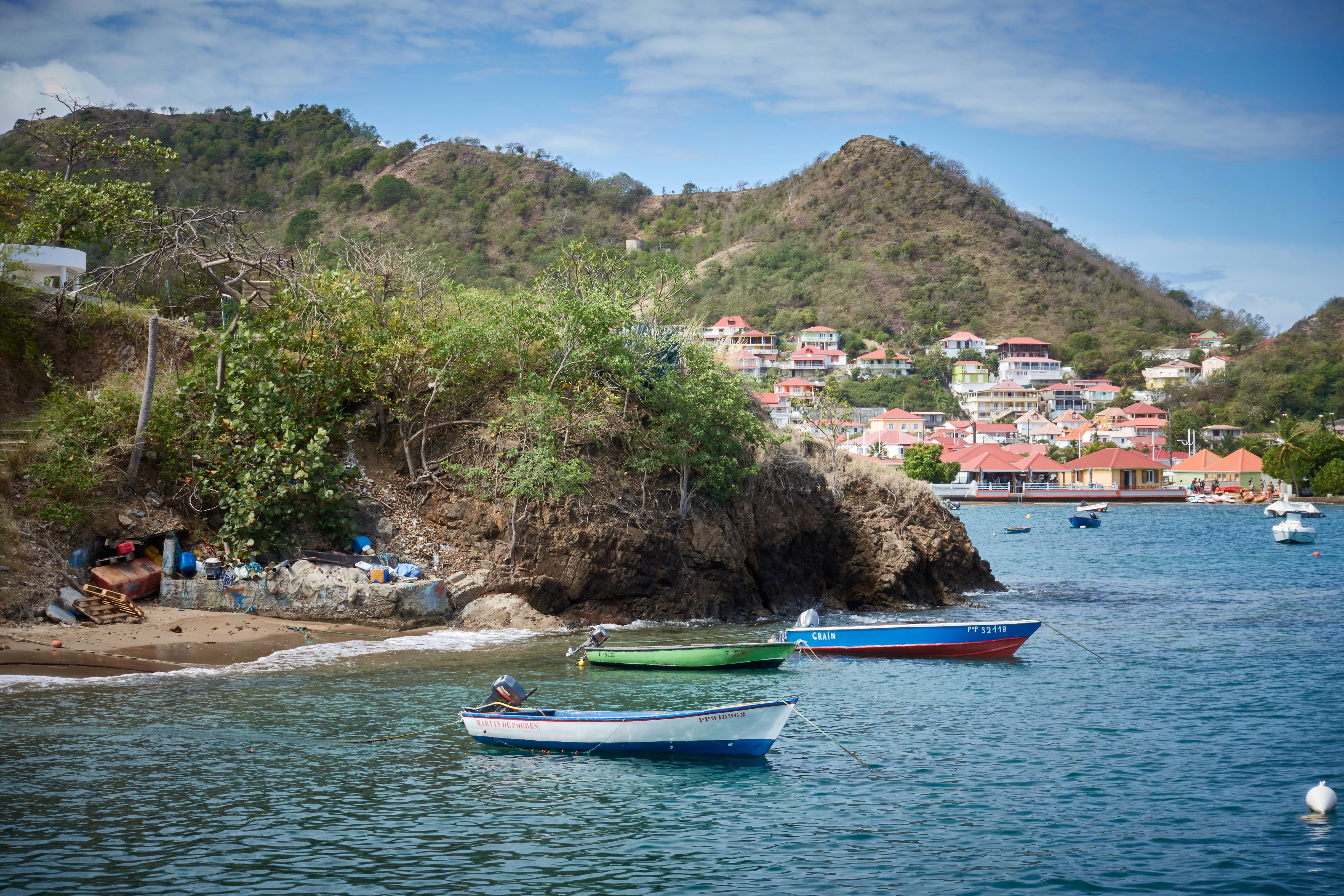 Guadeloupe, colorful fishing boats, calm turquoise waters, 5K Desktop Wallpaper