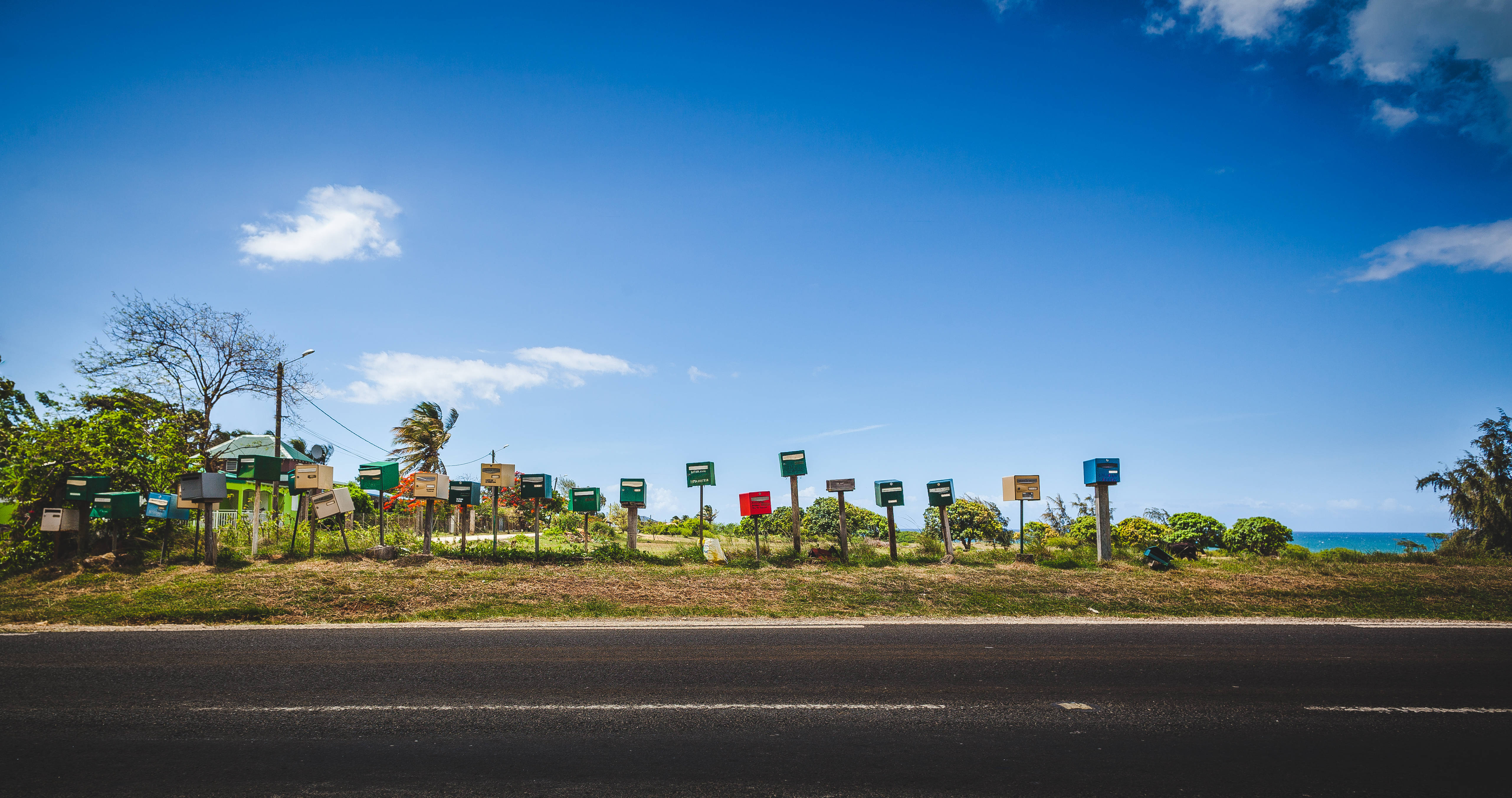 Guadeloupe, road signages, colorful mailboxes, 5K Desktop Wallpaper