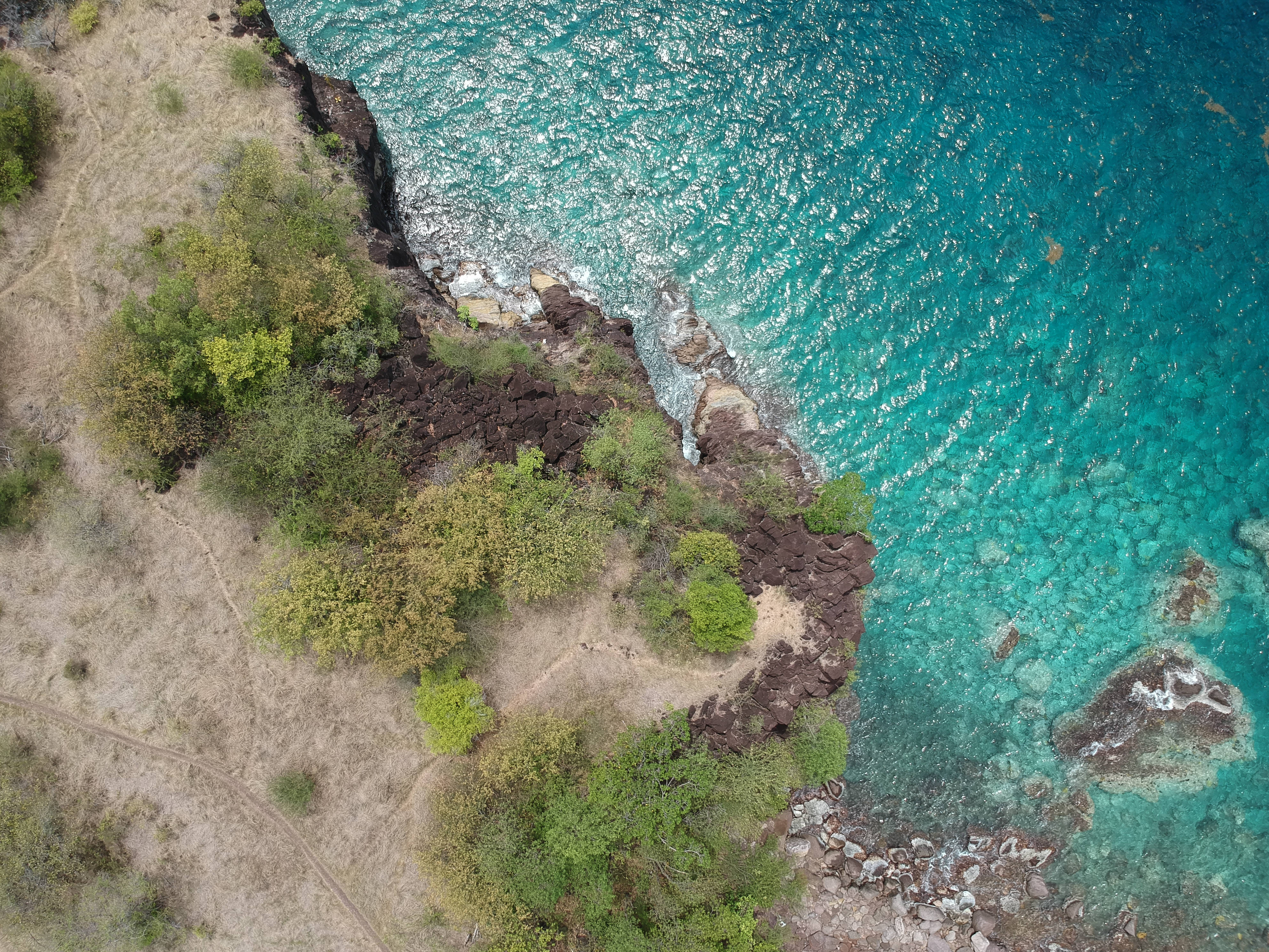 Guadeloupe, turquoise ocean, dark volcanic cliffs, 4K Desktop Wallpaper