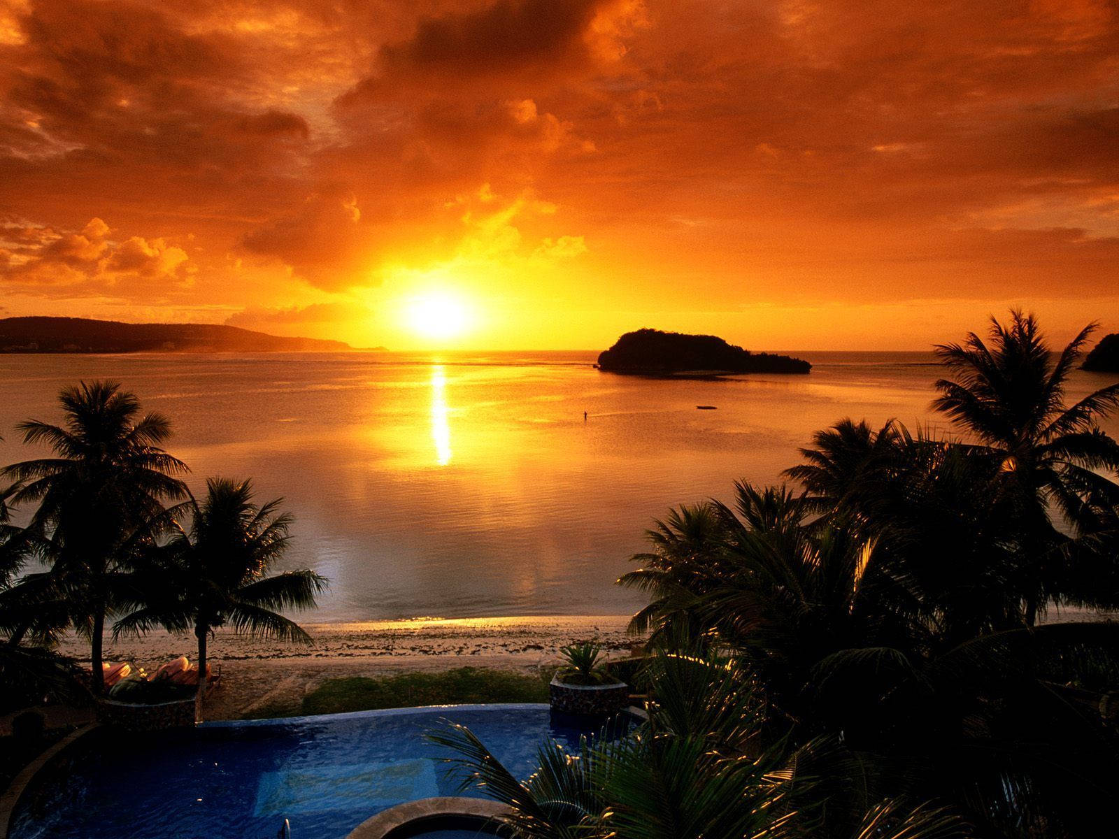 sunset, Guam, tropical bay, HD Desktop Wallpaper