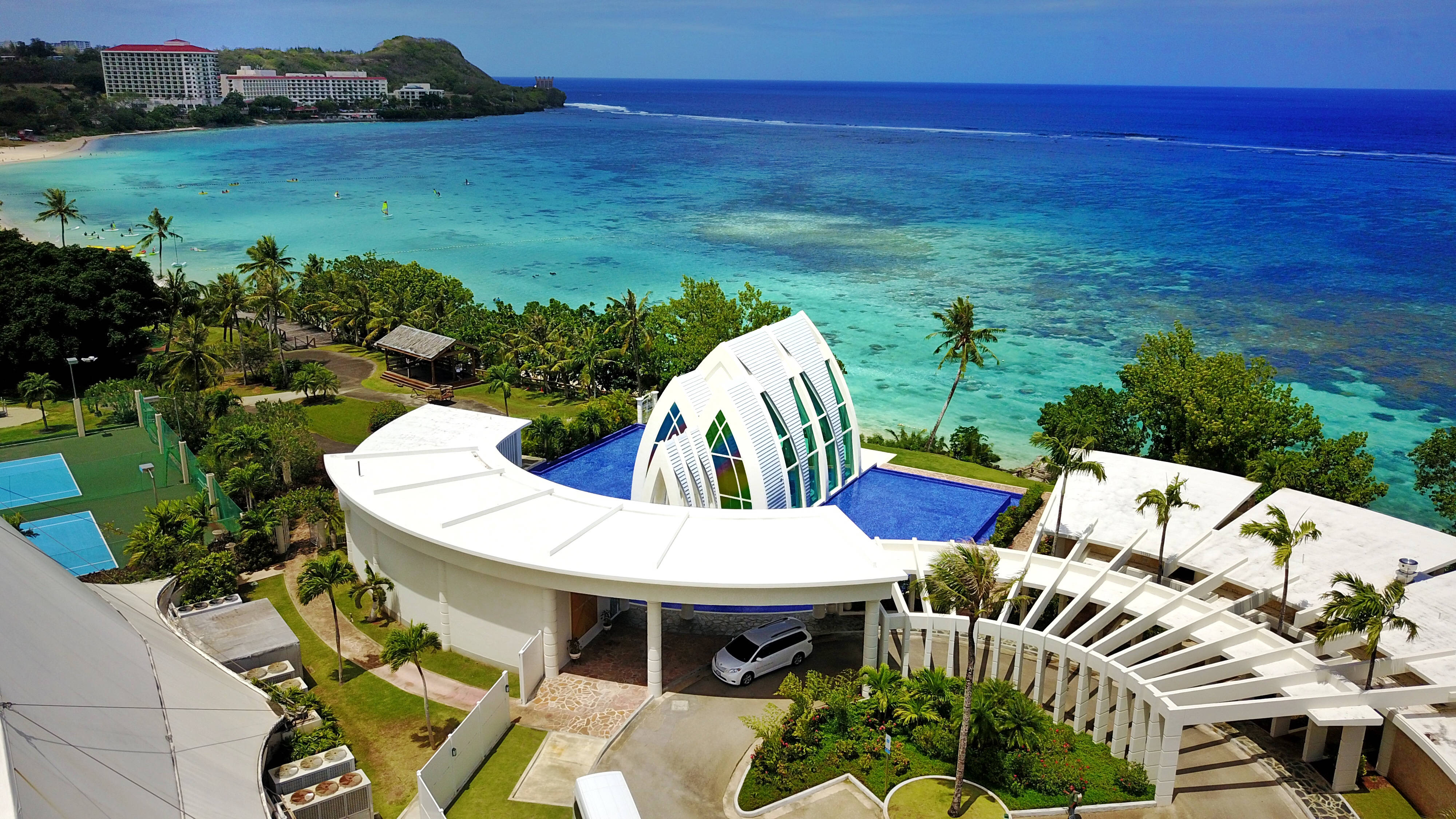 resort in guam, modern white resort, curved glass chapel, 4K Desktop Wallpaper