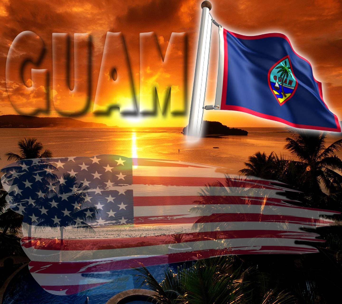 Guam flag, fiery sunset, tropical beach, HD Desktop Wallpaper