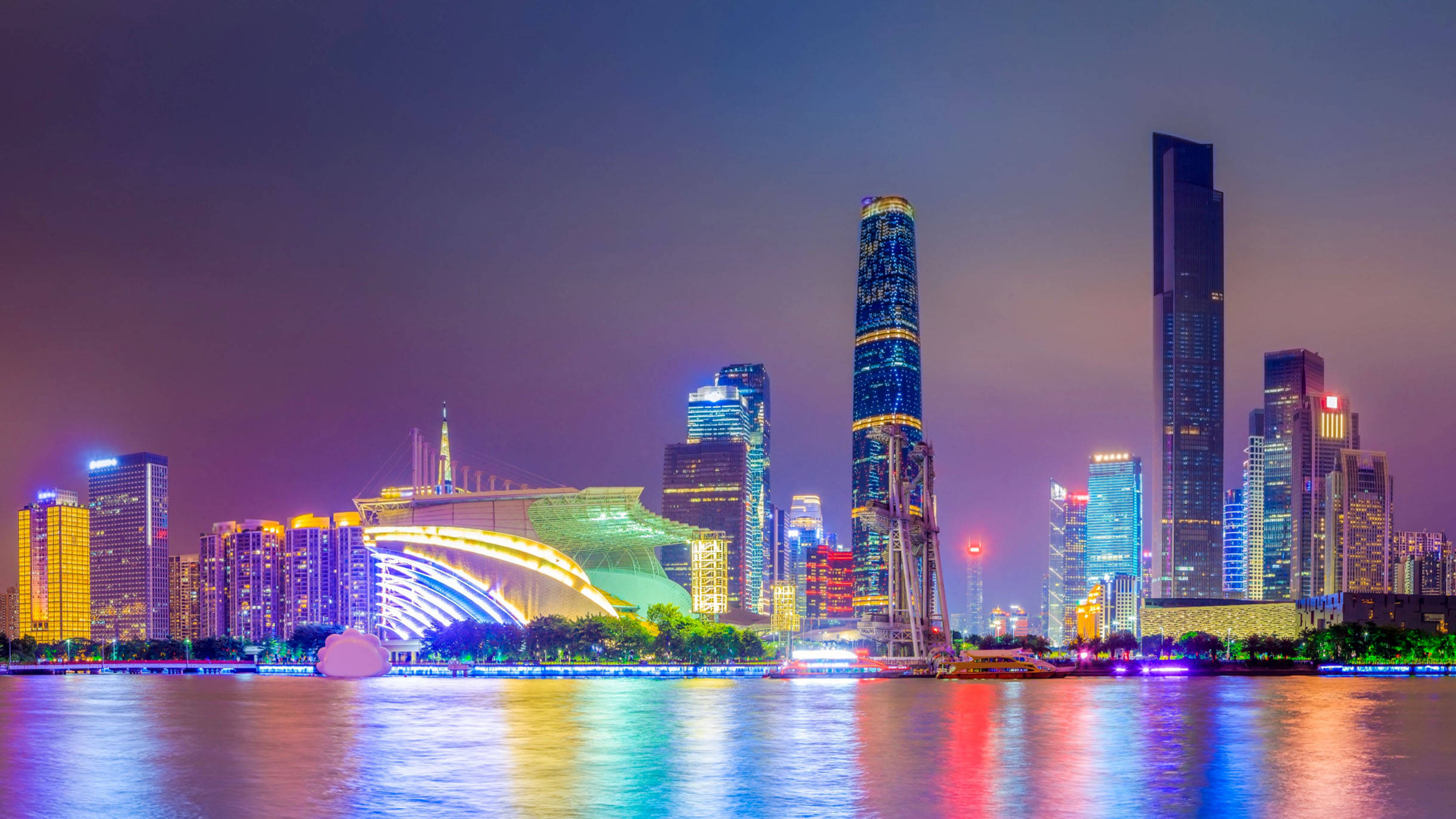 Guangzhou, skyscrapers, neon lights, Full HD Desktop Wallpaper