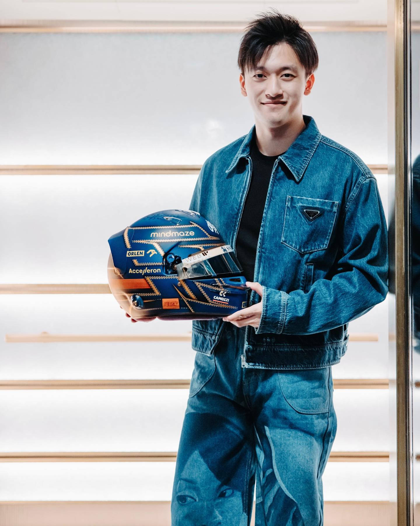 Guanyu Zhou, denim outfit, blue and gold racing helmet, HD Phone Wallpaper