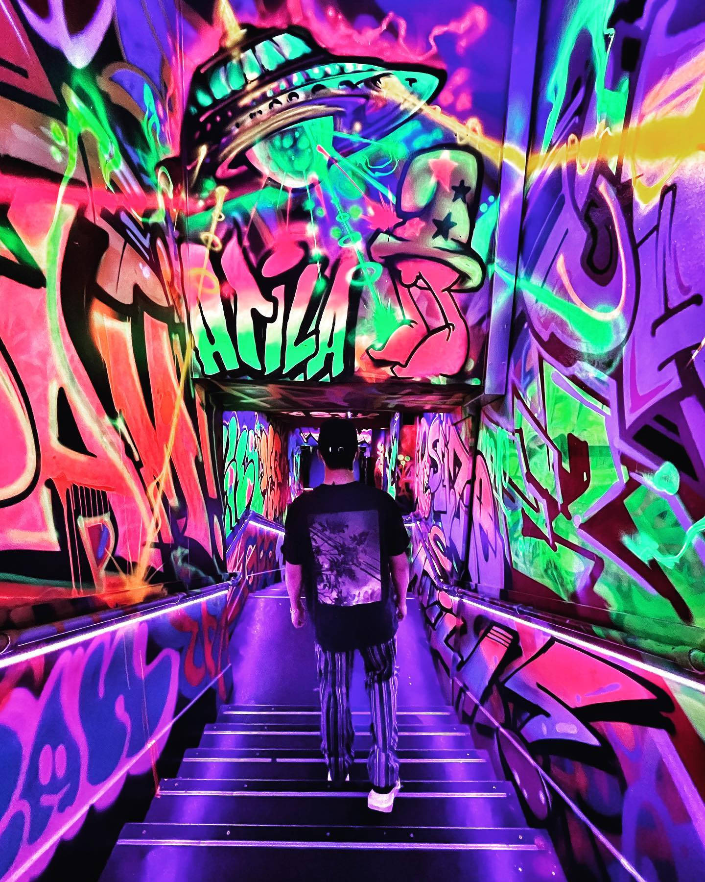 Guanyu Zhou, neon lights, vibrant neon-lit staircase, HD Phone Wallpaper