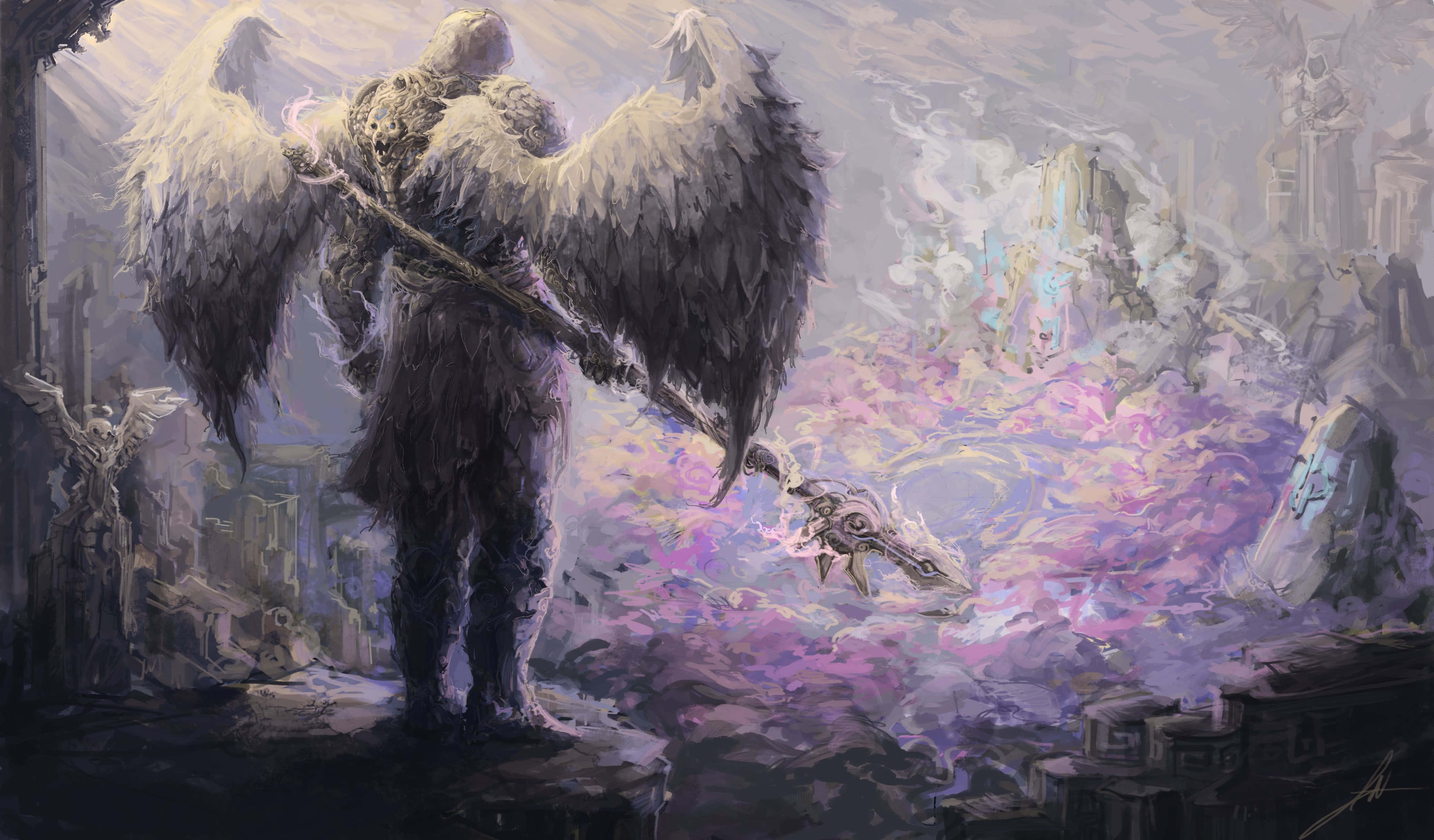 Guardian Angels, towering angel, massive feathered wings, 4K Desktop Wallpaper