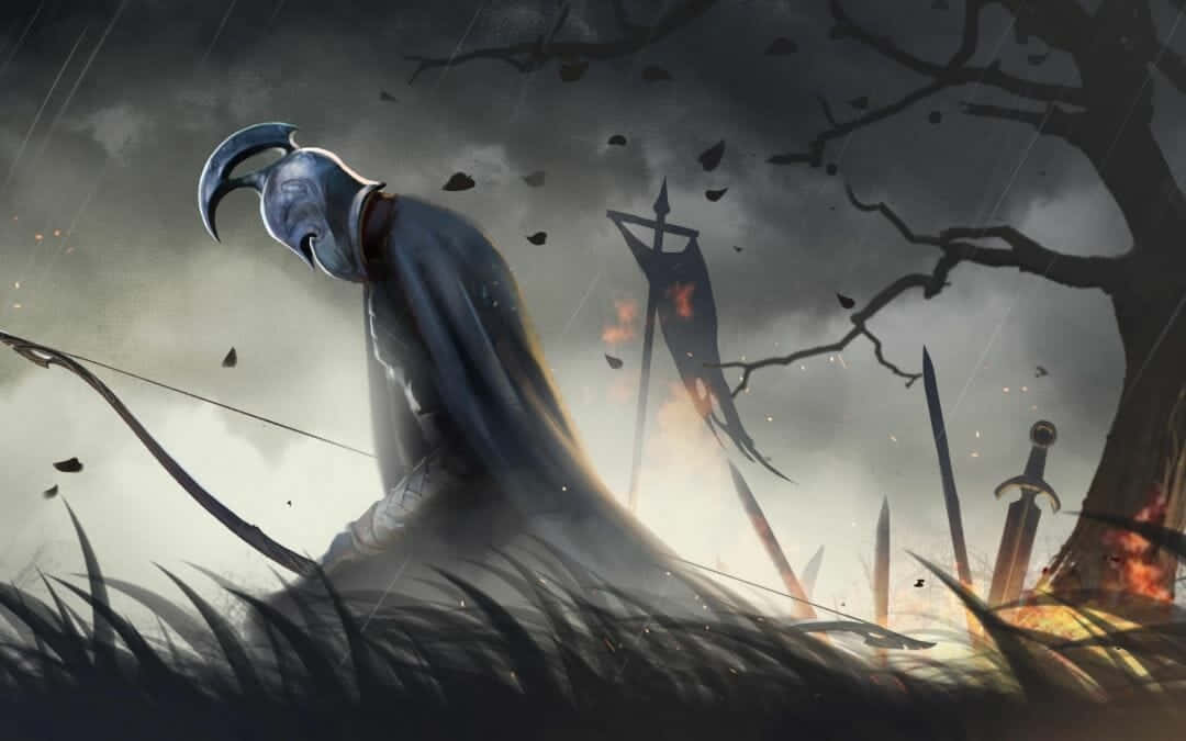 Guardian Angels, curved horned helmet, stormy field, SD Desktop Wallpaper