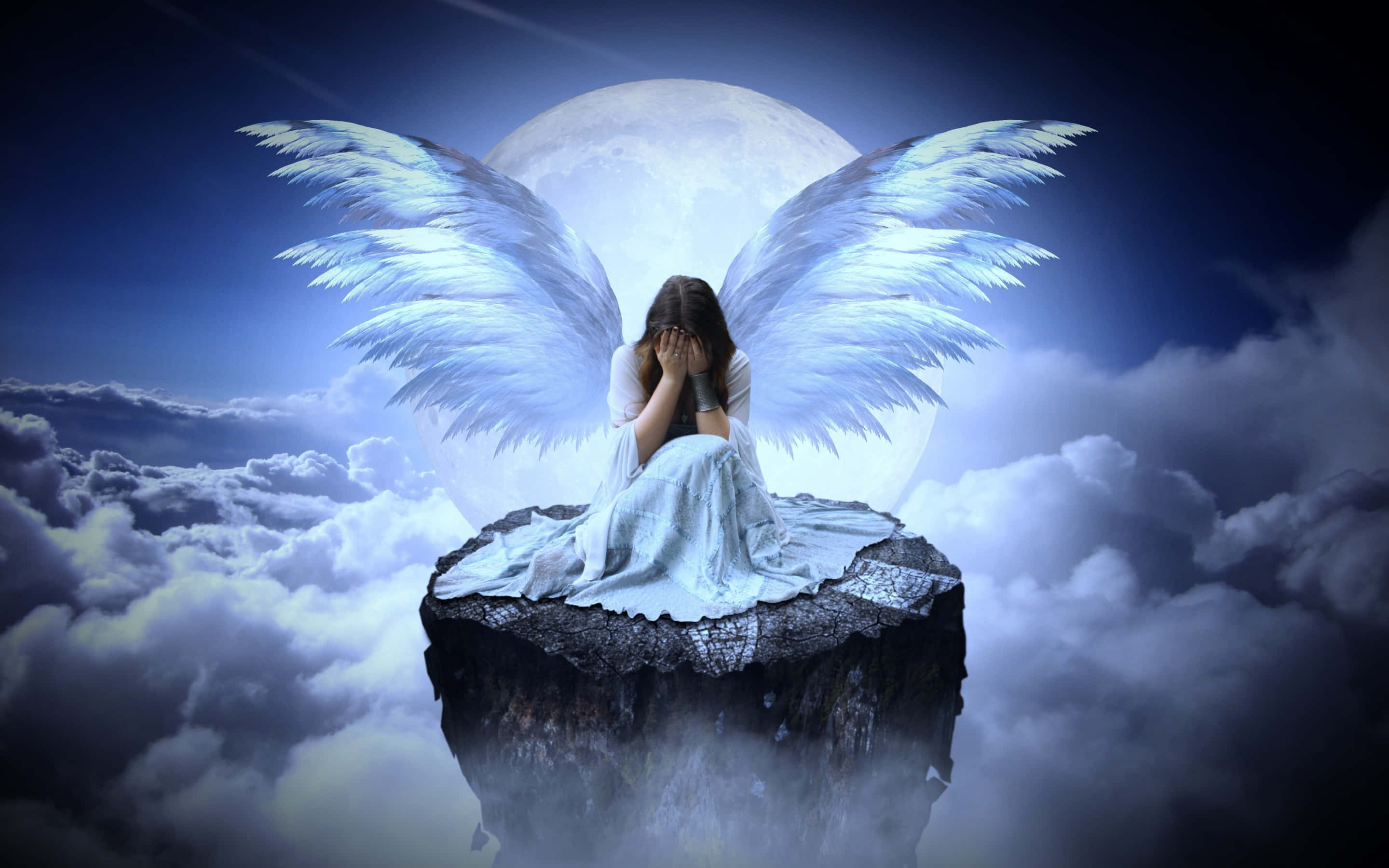 Guardian Angels, sorrowful angel, glowing white wings, 2K Desktop Wallpaper