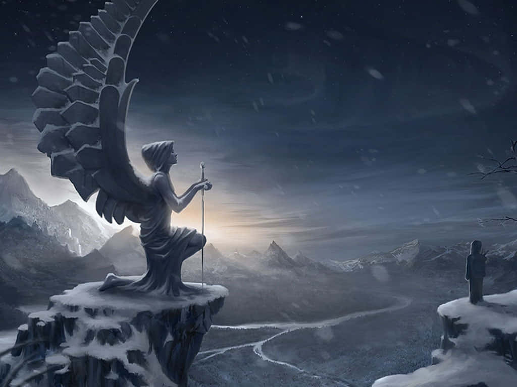 Guardian Angels, stone angel statue, massive wings, SD Desktop Wallpaper