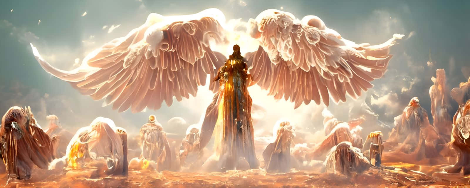 Guardian Angels, massive feathered wings, desolate landscape, HD Desktop Wallpaper