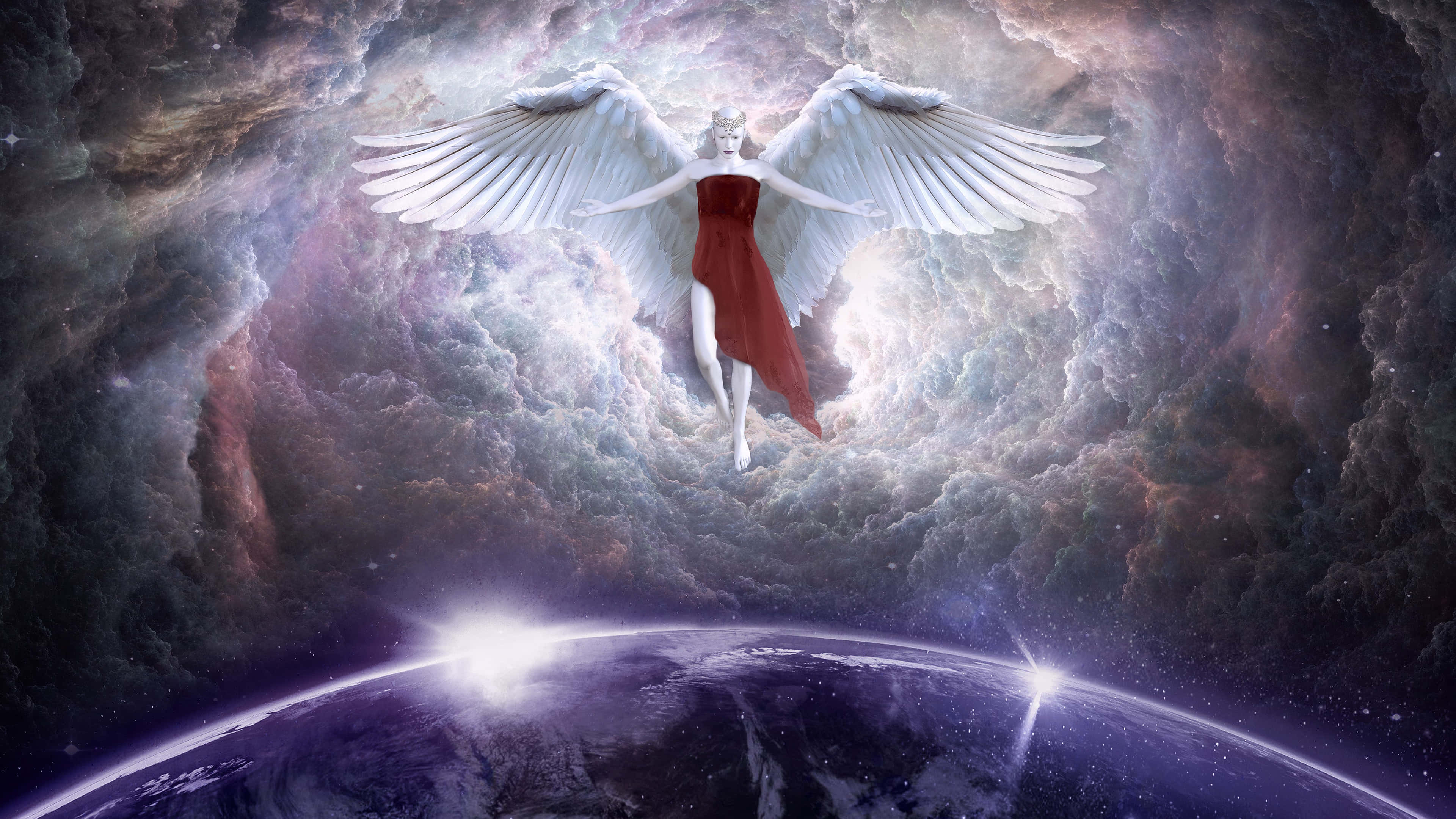 Guardian Angels, winged angel, red dress, 4K Desktop Wallpaper