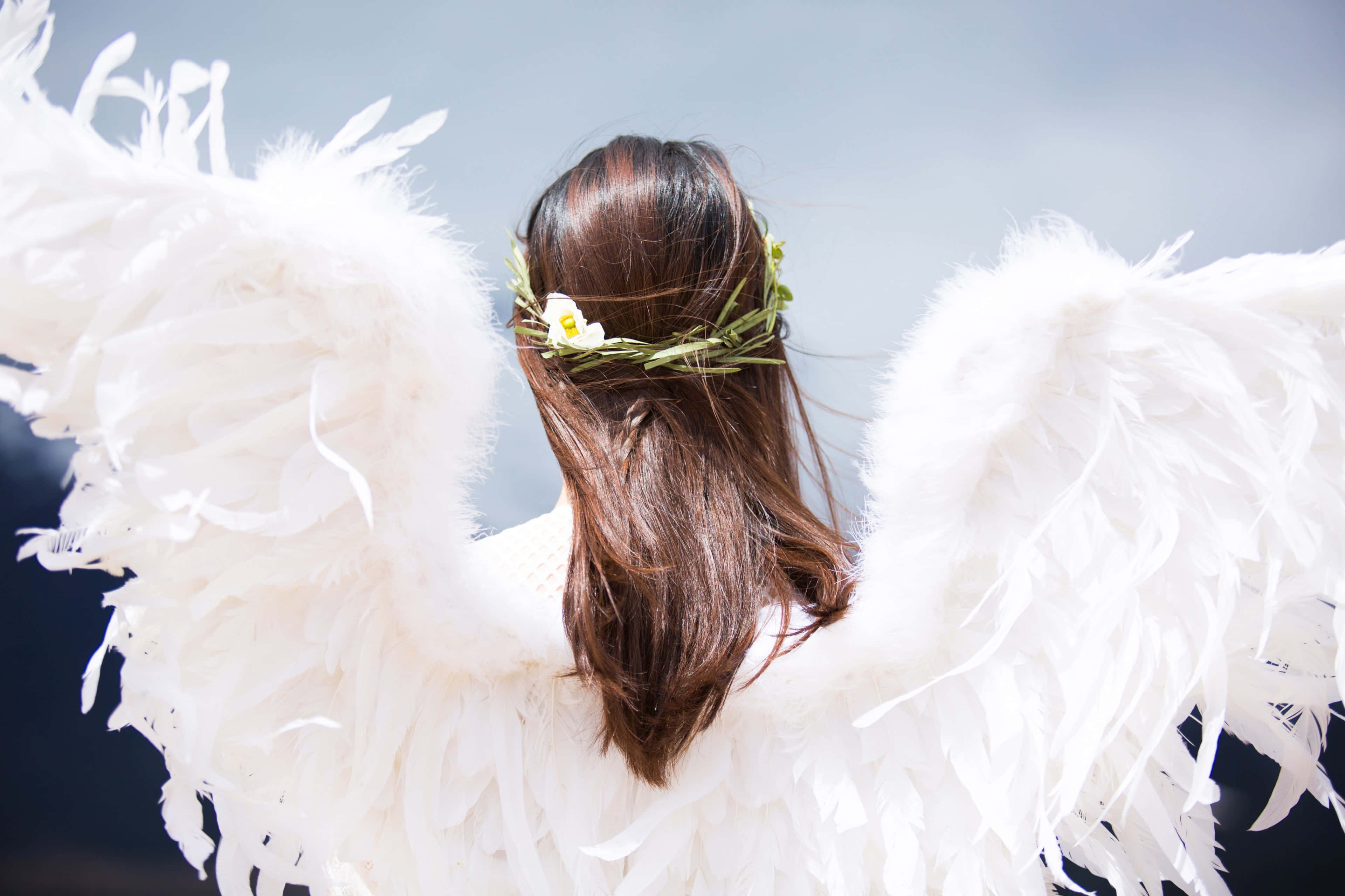 Guardian Angels, black hair, floral crown, 4K Desktop Wallpaper