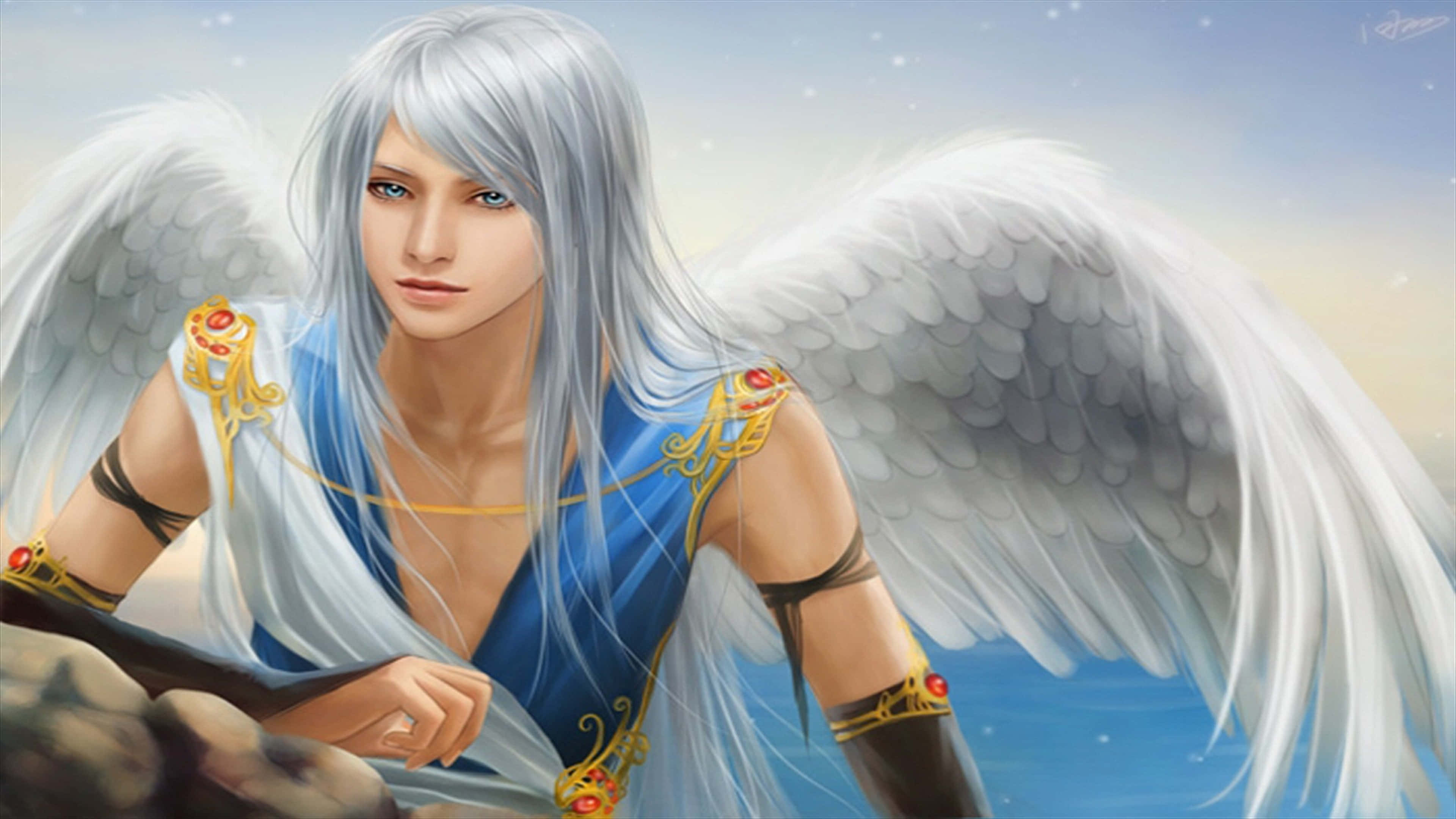 Guardian Angels, silver hair, white wings, 4K Desktop Wallpaper