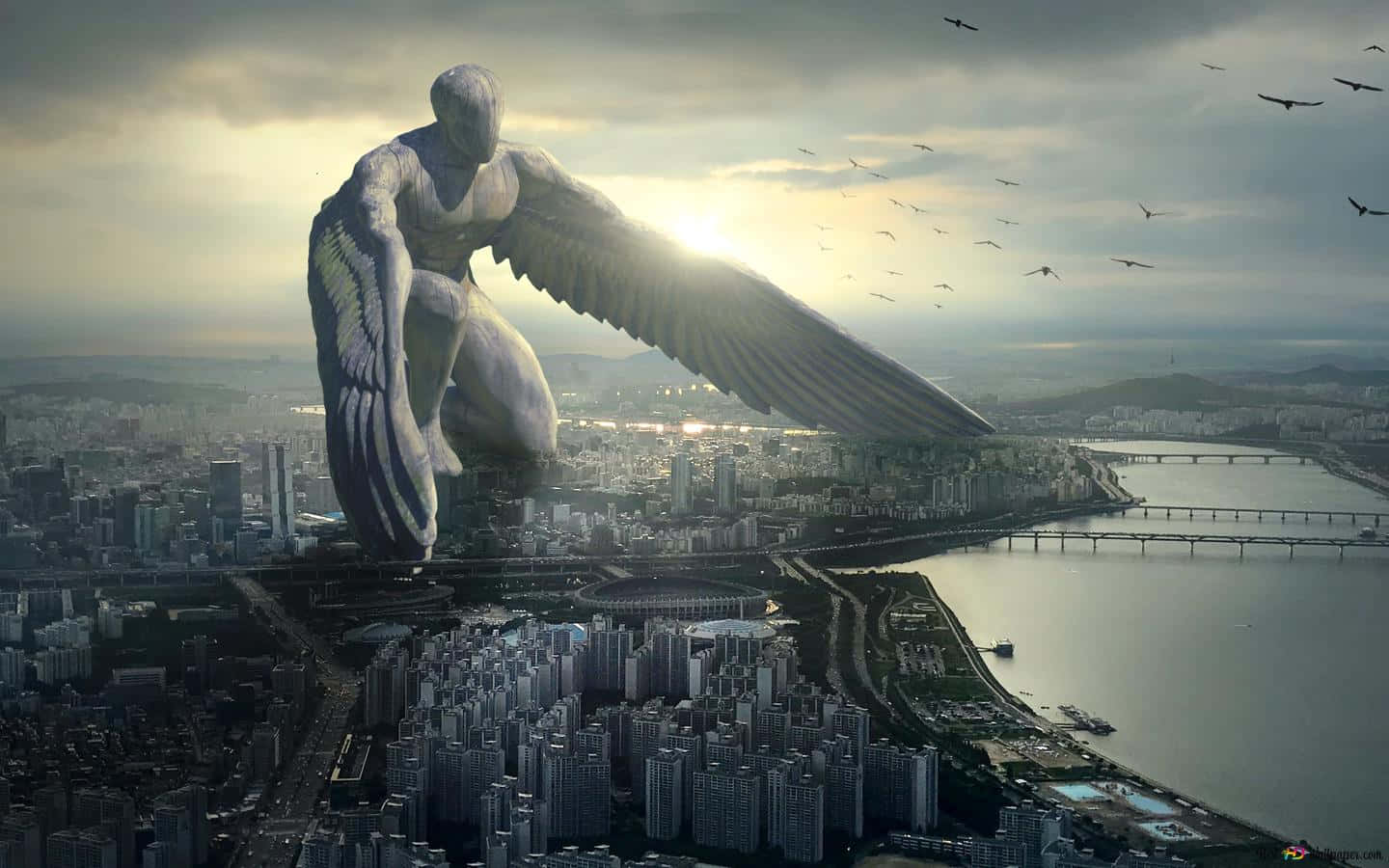 Guardian Angels, colossal winged statue, cityscape, HD Desktop Wallpaper