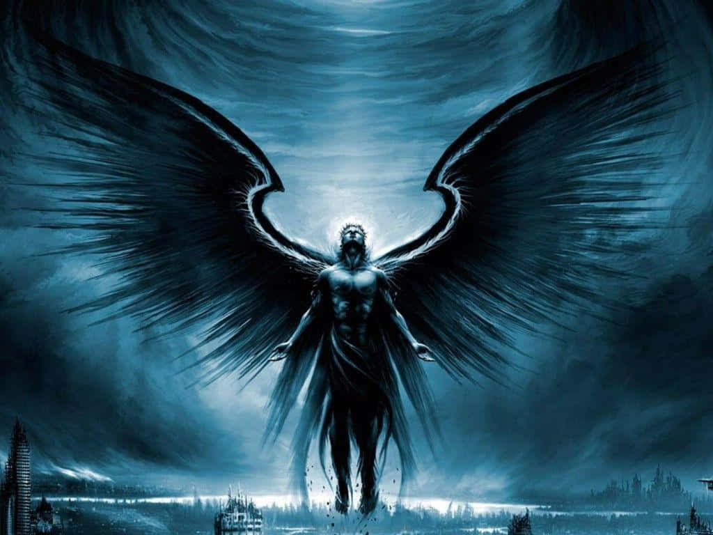 Guardian Angels, dark-winged angelic figure, ruined city, SD Desktop Wallpaper