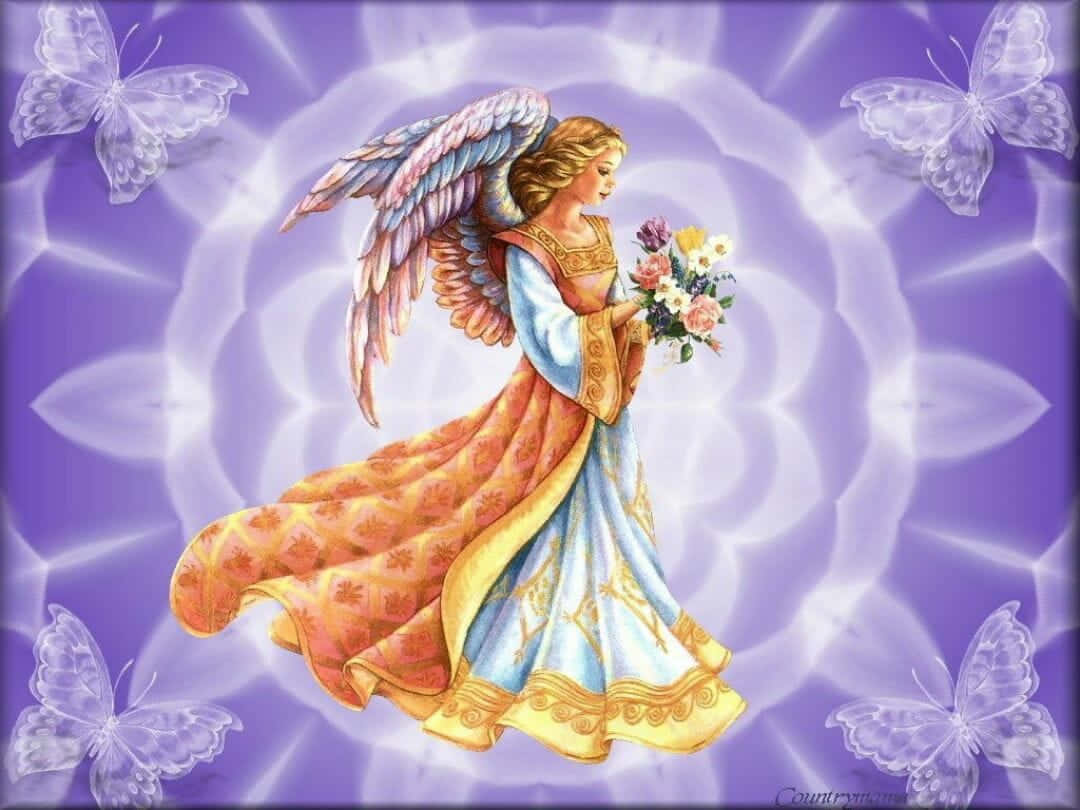 Guardian Angels, multicolored wings, glowing purple mandala, SD Desktop Wallpaper