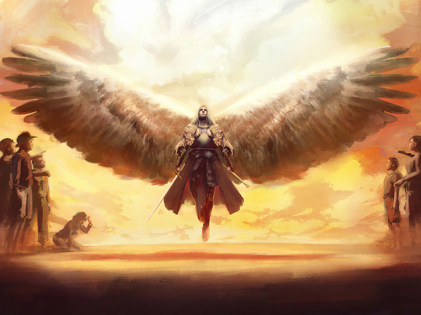 Guardian Angels, feathered wings, fiery sunset sky, HD Desktop Wallpaper