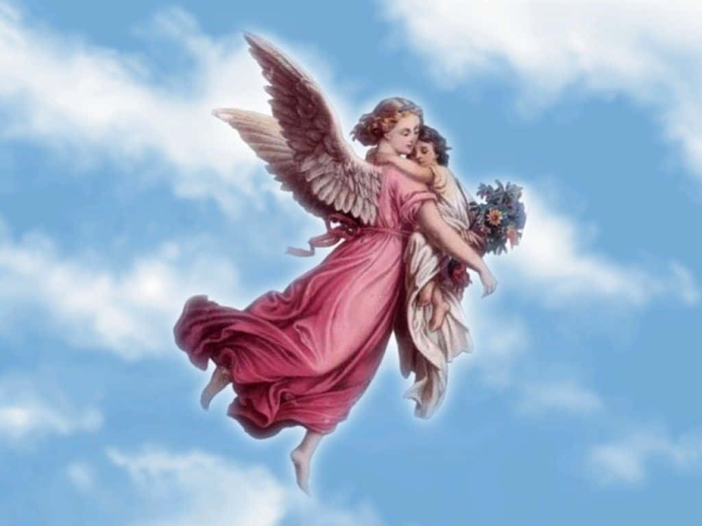 Guardian Angels, pink gown, bouquet, SD Desktop Wallpaper