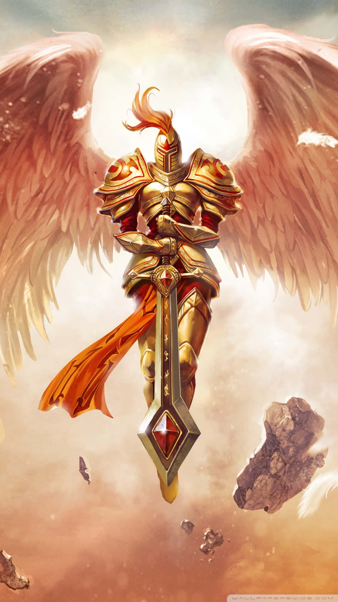 Guardian Angels, golden armored angel, flaming hair, Full HD Phone Wallpaper